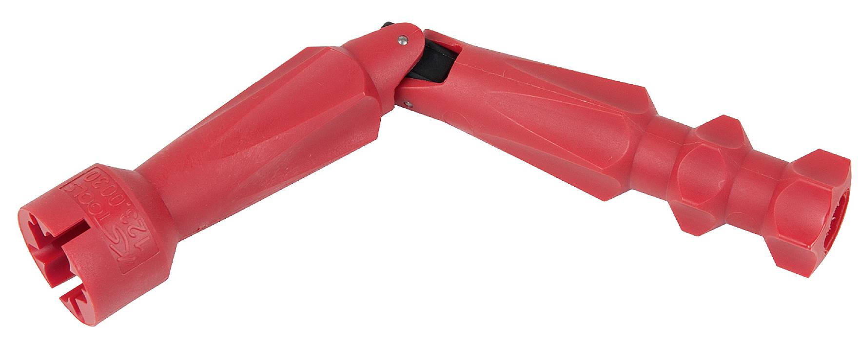 Red, folding plastic safety cone with a joint in the middle, used for cordoning off or marking areas.
