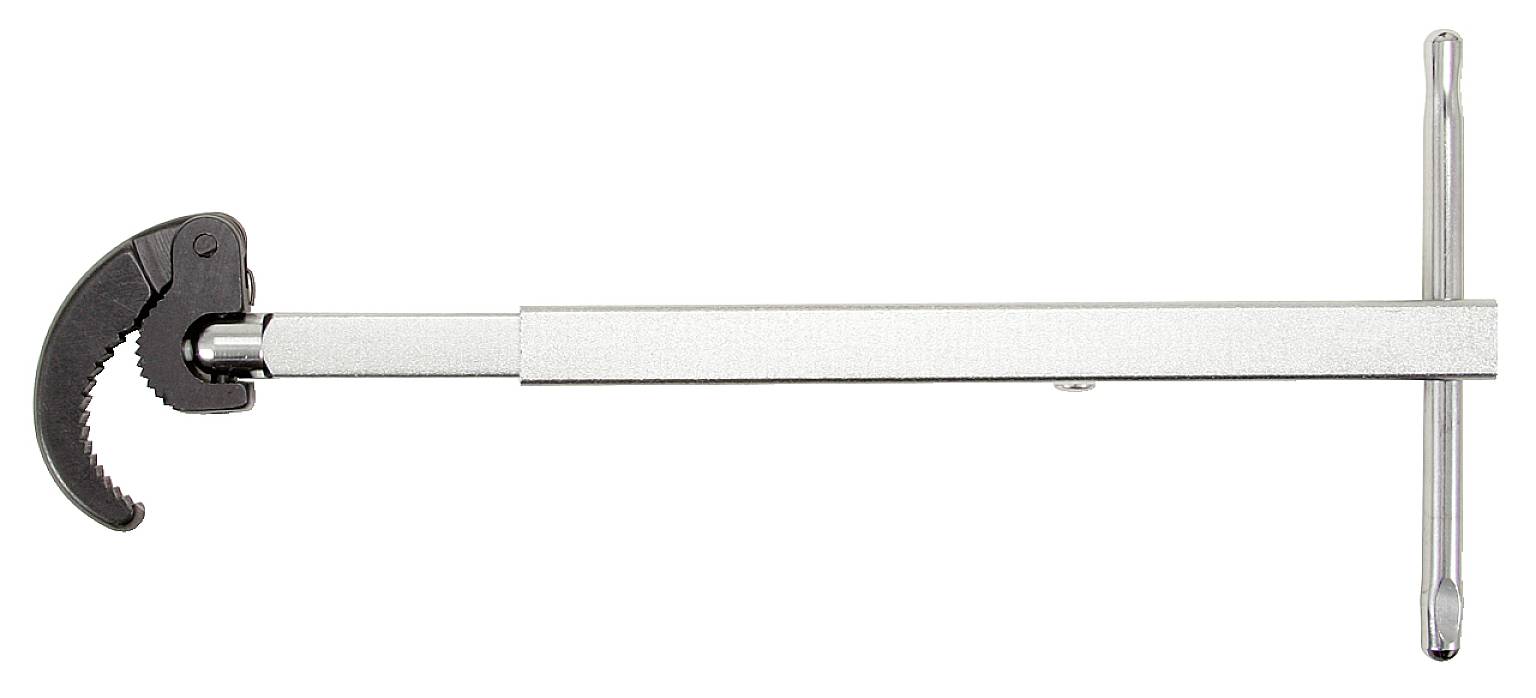 Adjustable pipe wrench with T-handle, suitable for loosening and tightening connections in hard-to-reach areas.