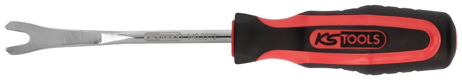 Plastic-handled screwdriver with a flat, fork-like tip, suitable for levering or removing clips.