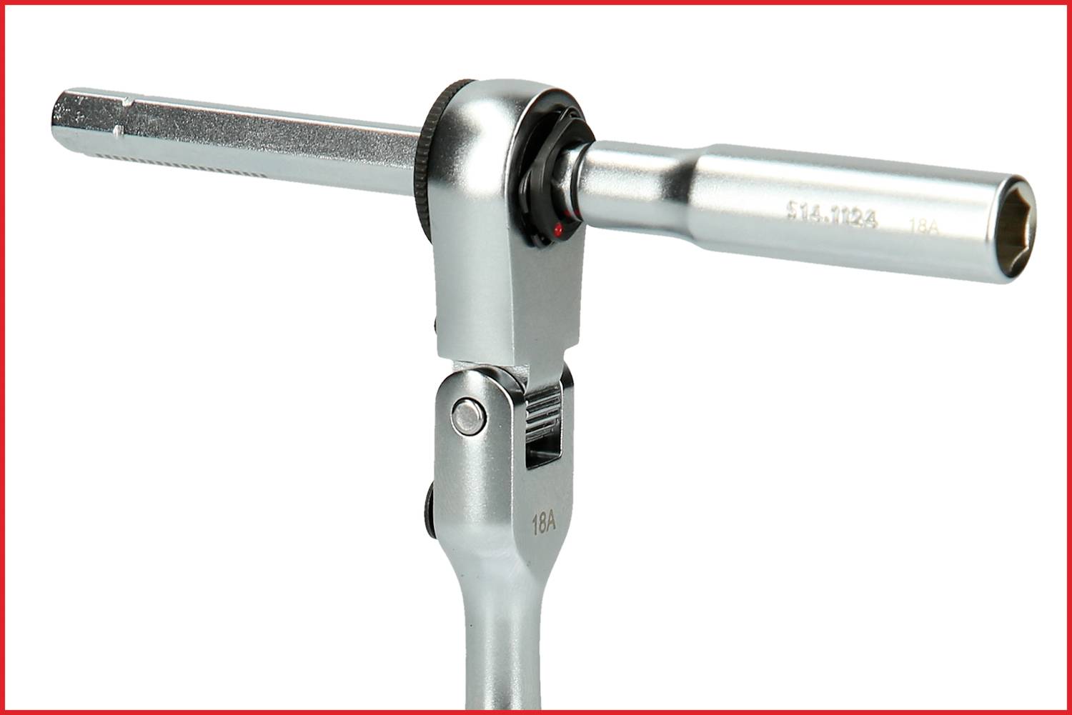 A ratchet tool with a hexagonal socket at the end sits on a metallic connecting piece.