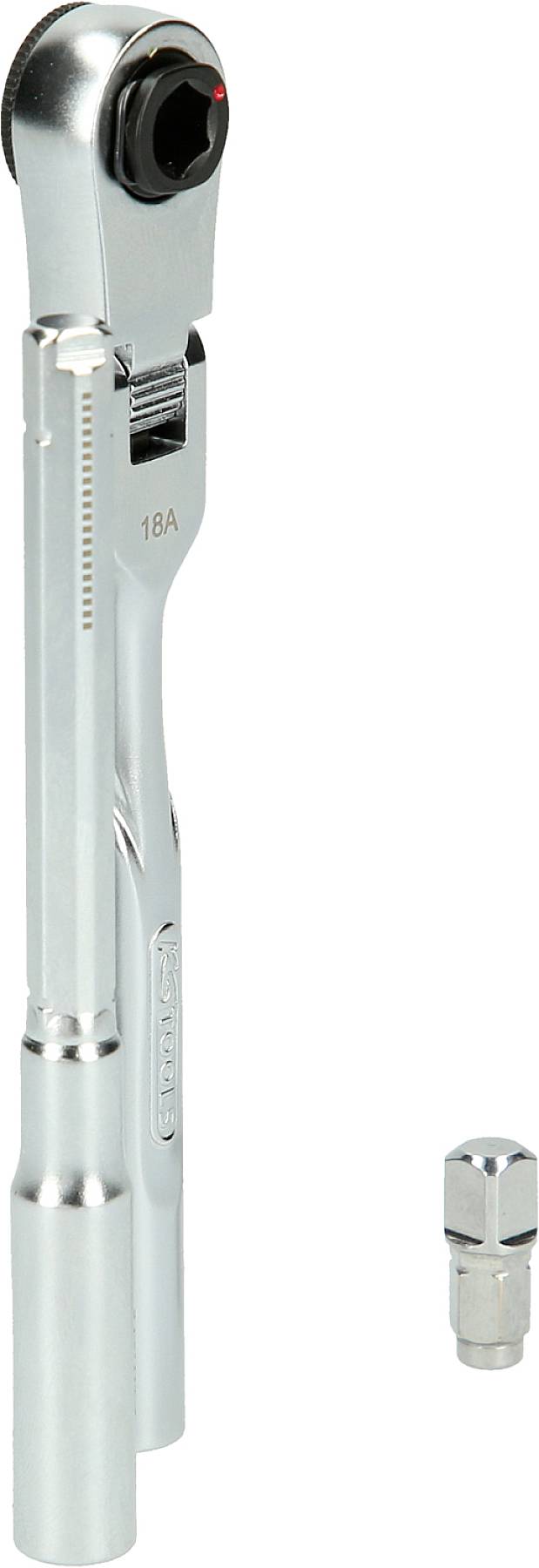 A silver torque wrench with an accessory part shown separately, suitable for precisely tightening screws.