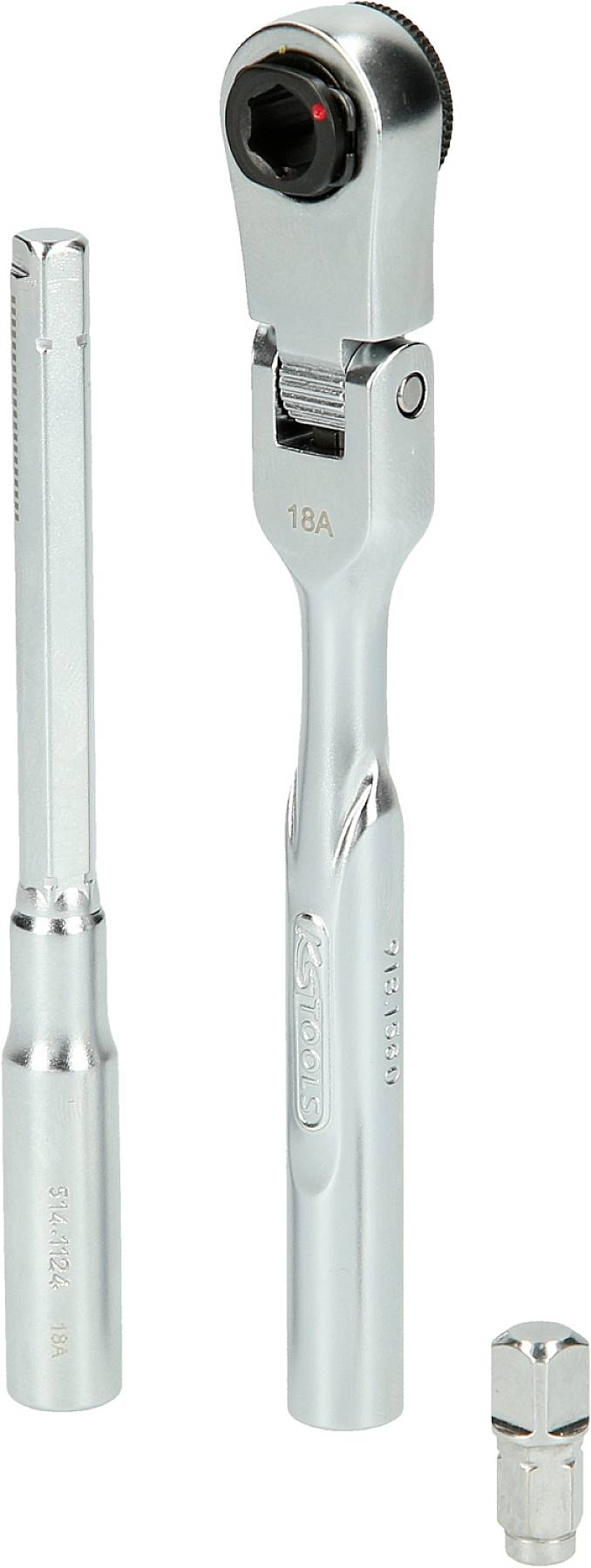 Ratchet spanner set comprising a ratchet, an extension bar and an adaptor, all made of gleaming metal.
