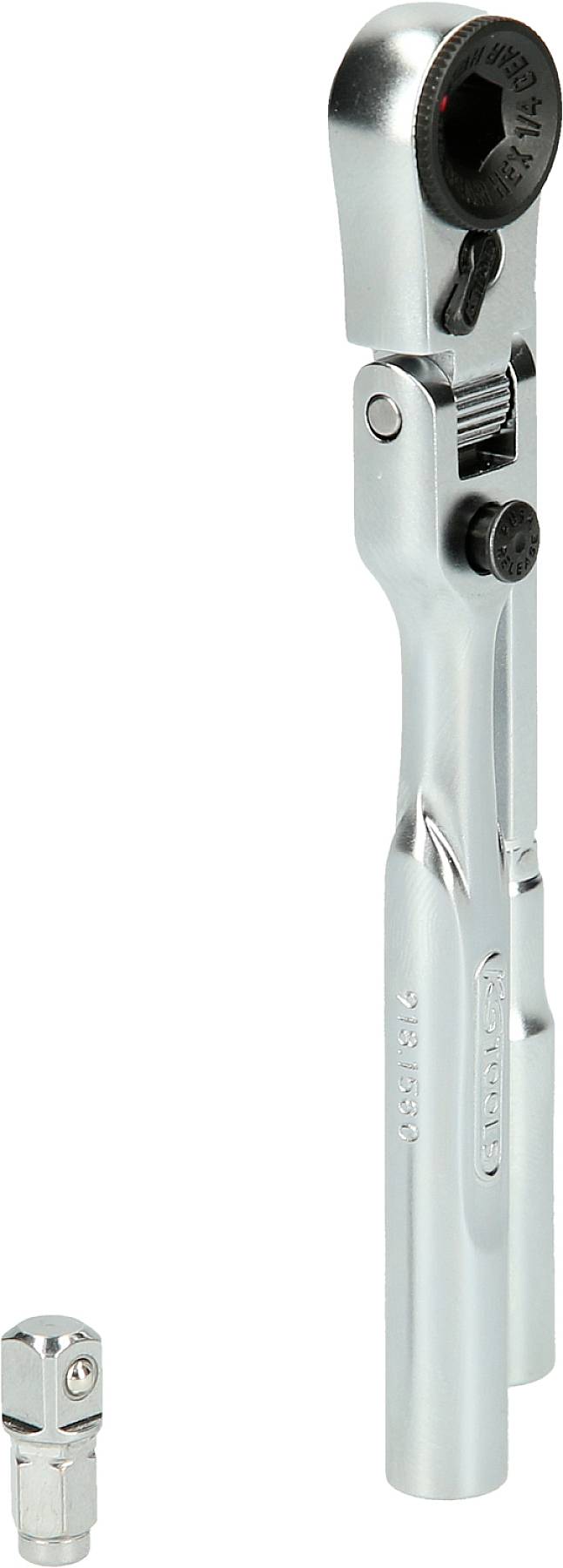 A chrome-plated ratchet spanner and a small accessory part. The tool is made of metal and shiny.
