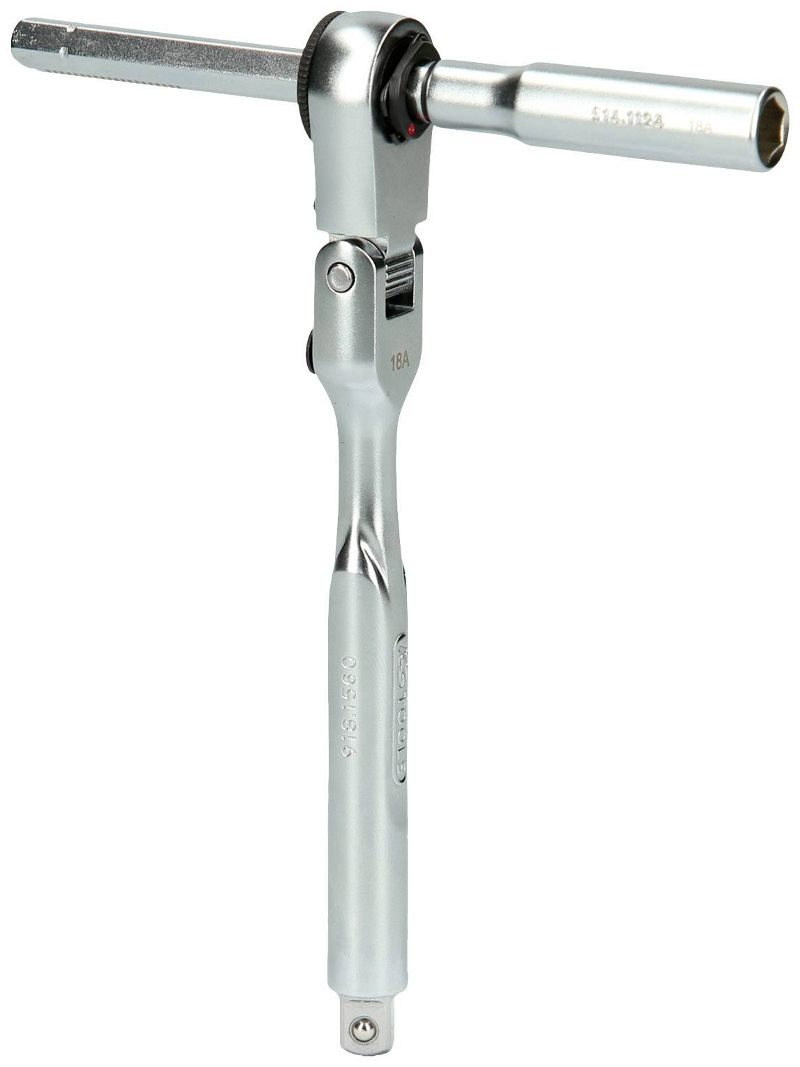 A silver ratchet socket wrench with an interchangeable socket attachment. Suitable for confined working spaces and versatile in application.