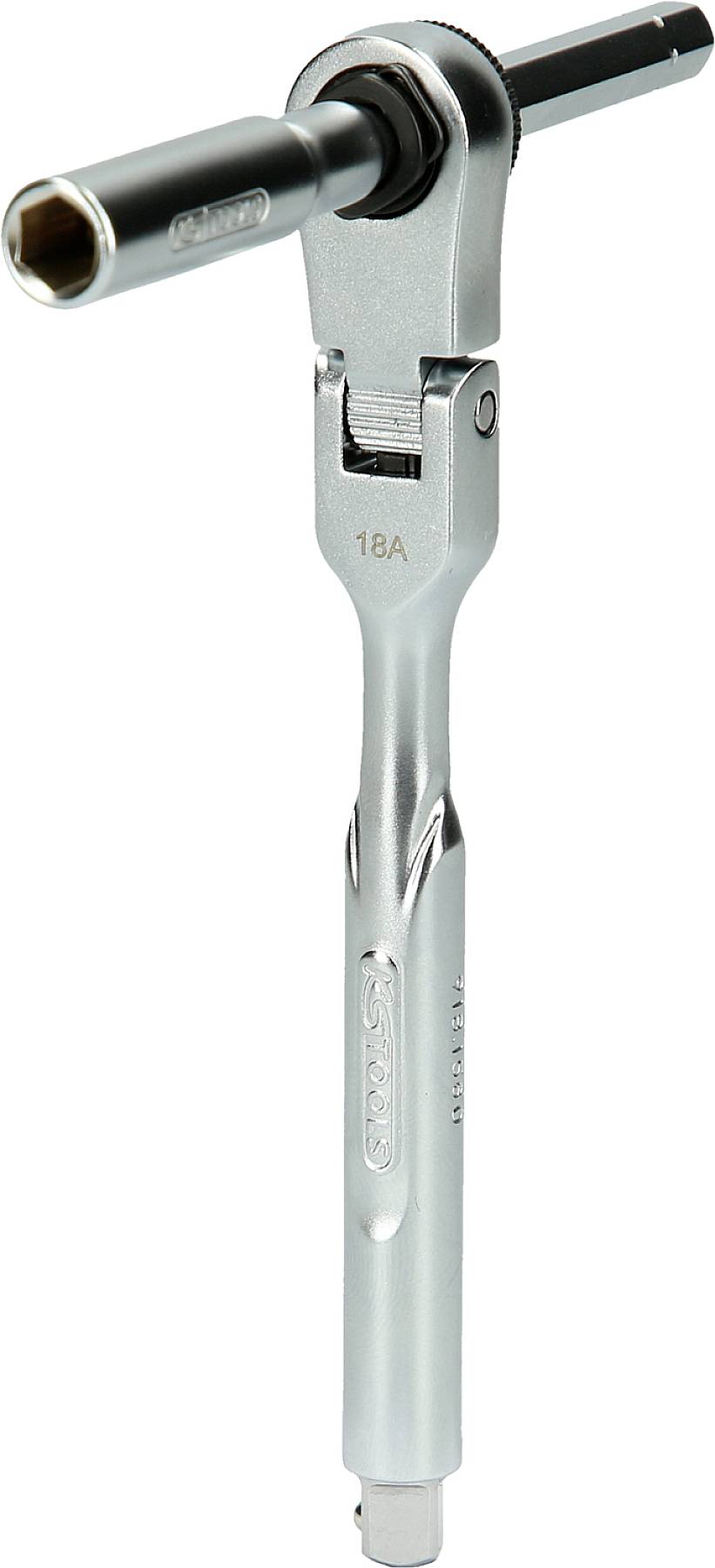 Ratchet with adjustable head and base. Slender, silver design with ergonomic handle for precise working in confined spaces.