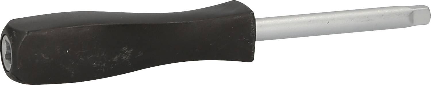 A screwdriver with a black handle and a silver blade.
