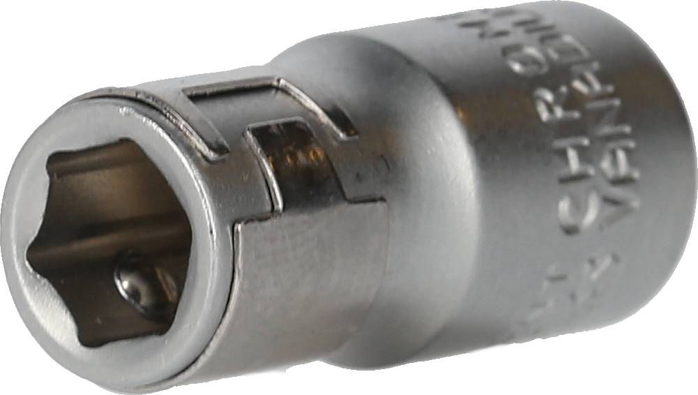 Metal socket insert for ratchet, chrome vanadium steel, hexagonal opening. Essential for mechanical work.