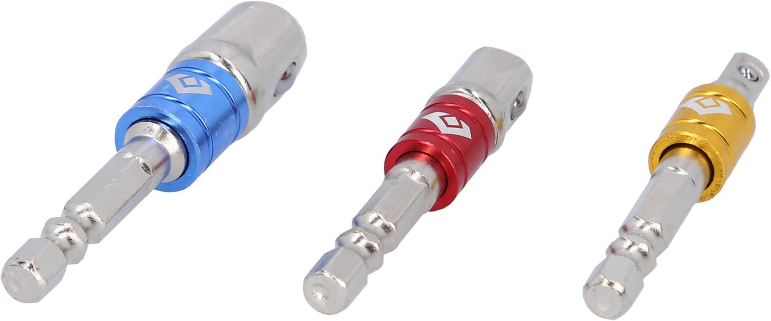 Three coloured socket key inserts (blue, red, yellow) of different sizes, which may be used for screwdrivers or power drills.