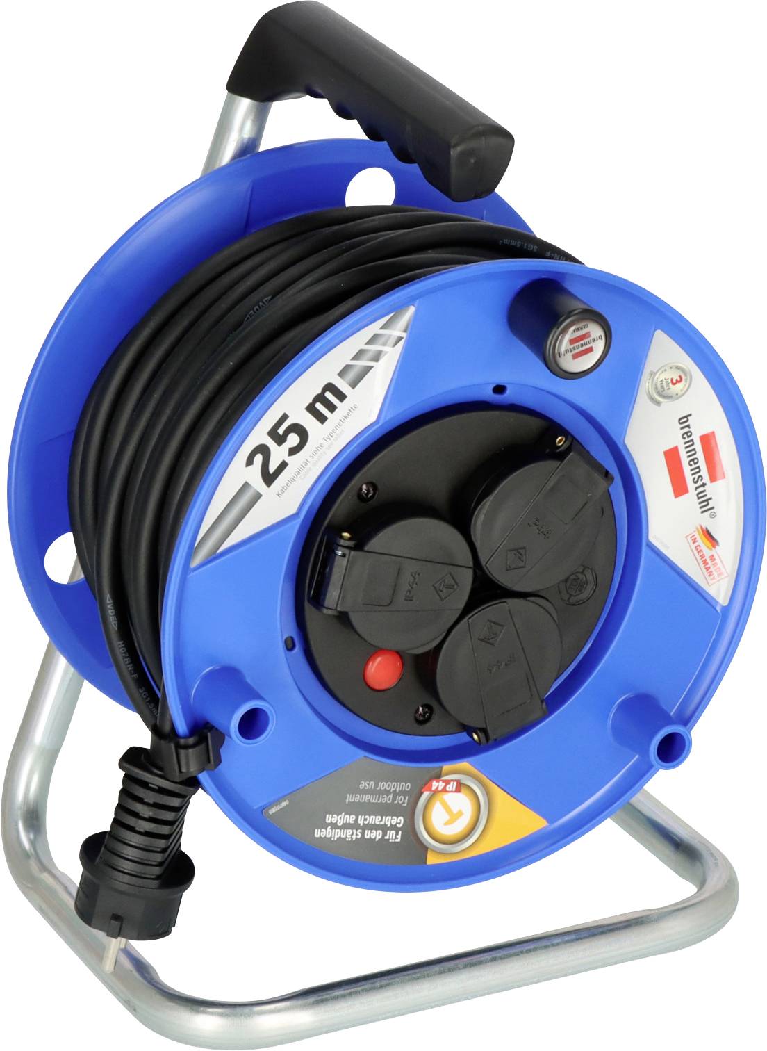 Blue cable reel with handle and coiled black power cord, labeled '25 m' and three covered sockets on the front.