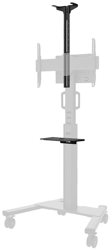 A mobile TV stand with wheels, adjustable height, and mounting brackets for screens, suitable for presentations or conferences.