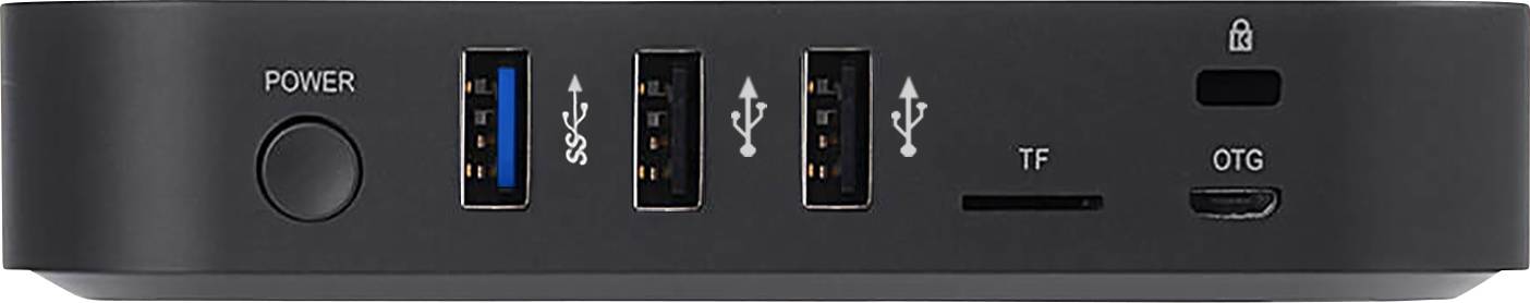 Black adapter with a power button, 3 USB ports, a TF card slot, a lock symbol, and an OTG port.