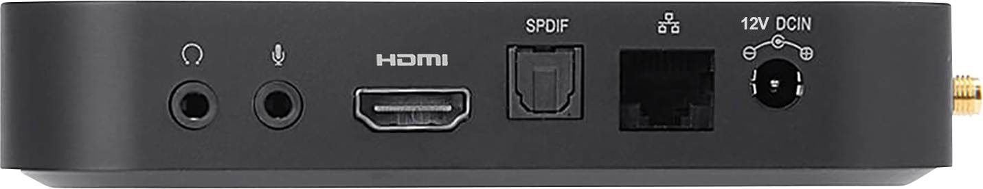 Back of a media player with connections: headphones, HDMI, SPDIF, Ethernet, 12V DC.