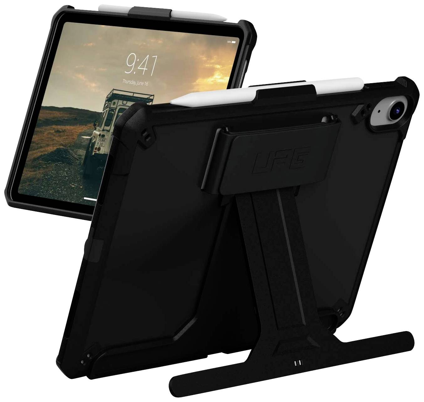 A tablet in a robust black protective case with a stand. The screen displays the time 9:41 and an image of a car on a road.