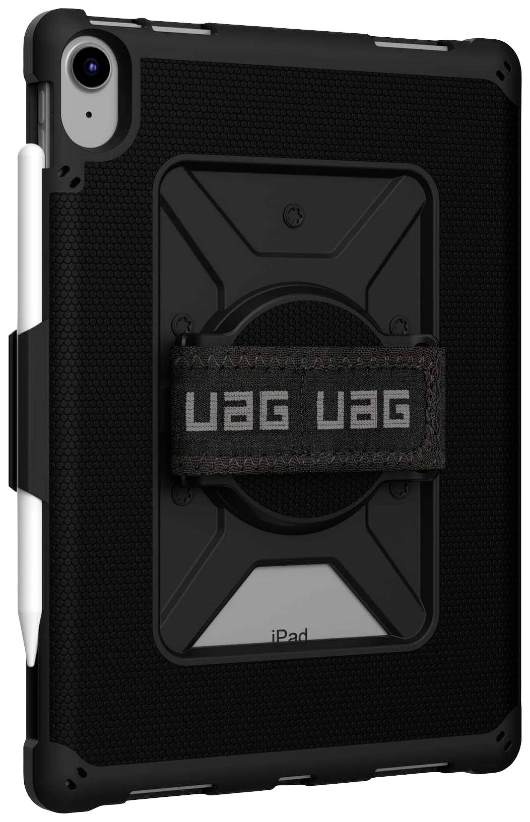 A black iPad with a robust protective case and a handle that says 'UAG'. A stylus is integrated into the case.