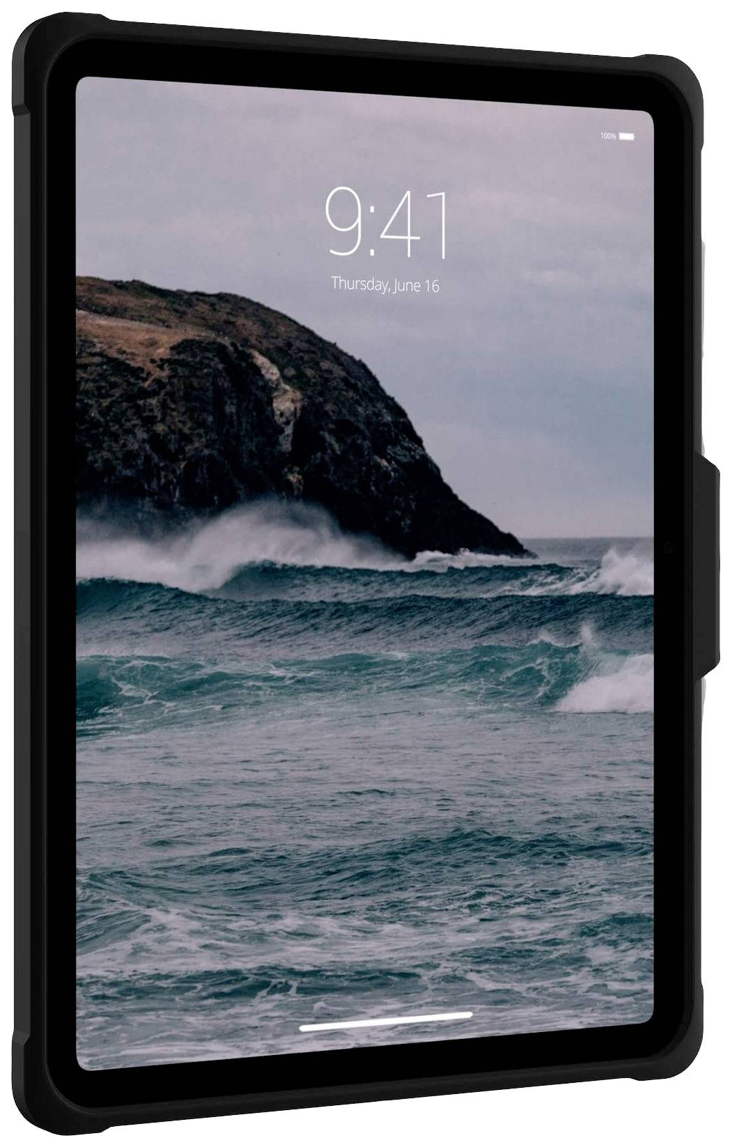 A tablet with an image of waves crashing against rocks. The screen reads '9:41, Thursday, 16 June'.