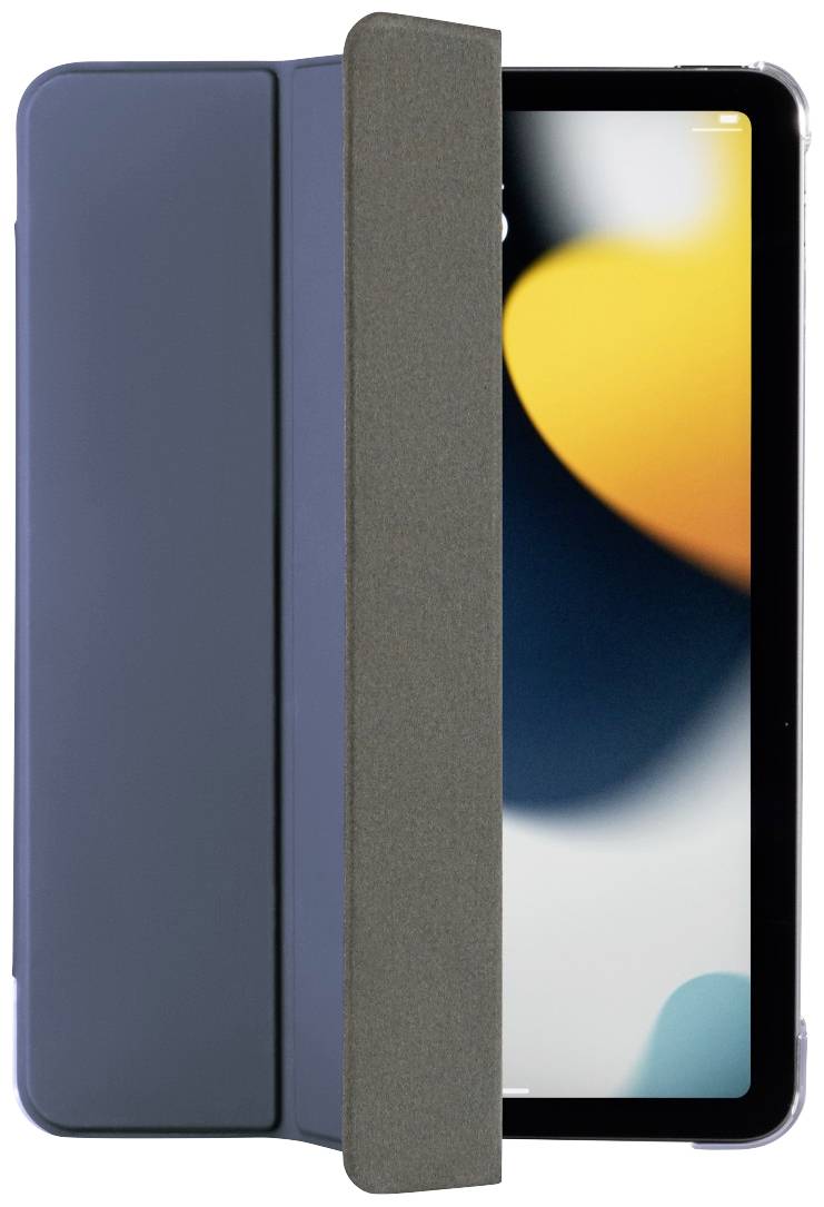 A tablet in a grey protective case, partially open, displaying a blurred screen background.
