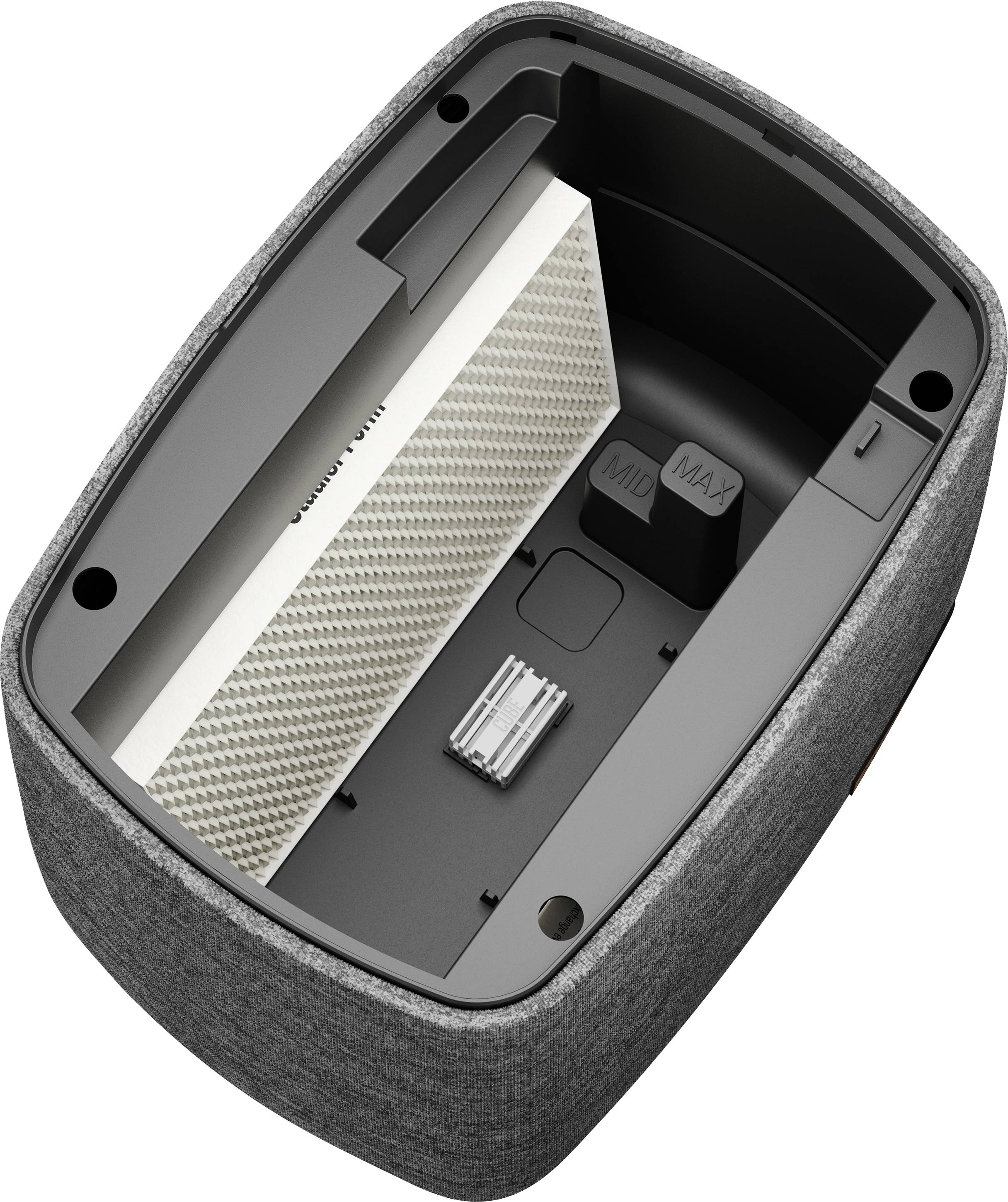 Air purifier without upper cover, showing the filter cartridge and internal view of the device.