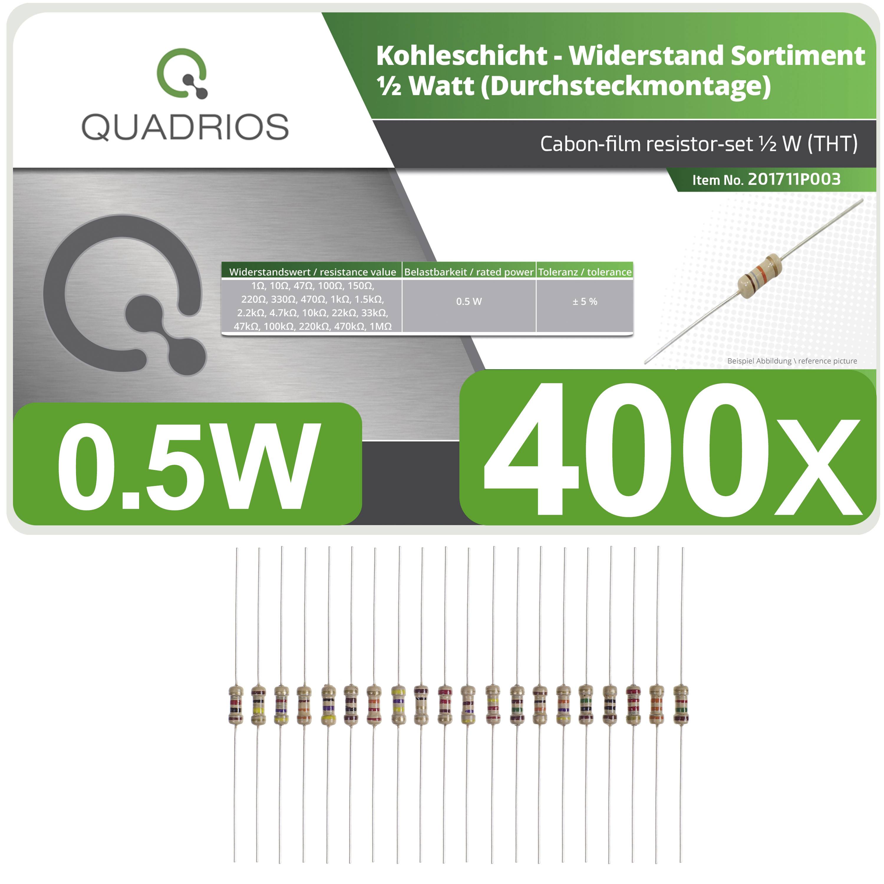 Quadrios Carbon Resistor Range 0.5W 400x. Carbon Film Resistor Set for Through-Hole Mounting, Part Number 20171P003.
