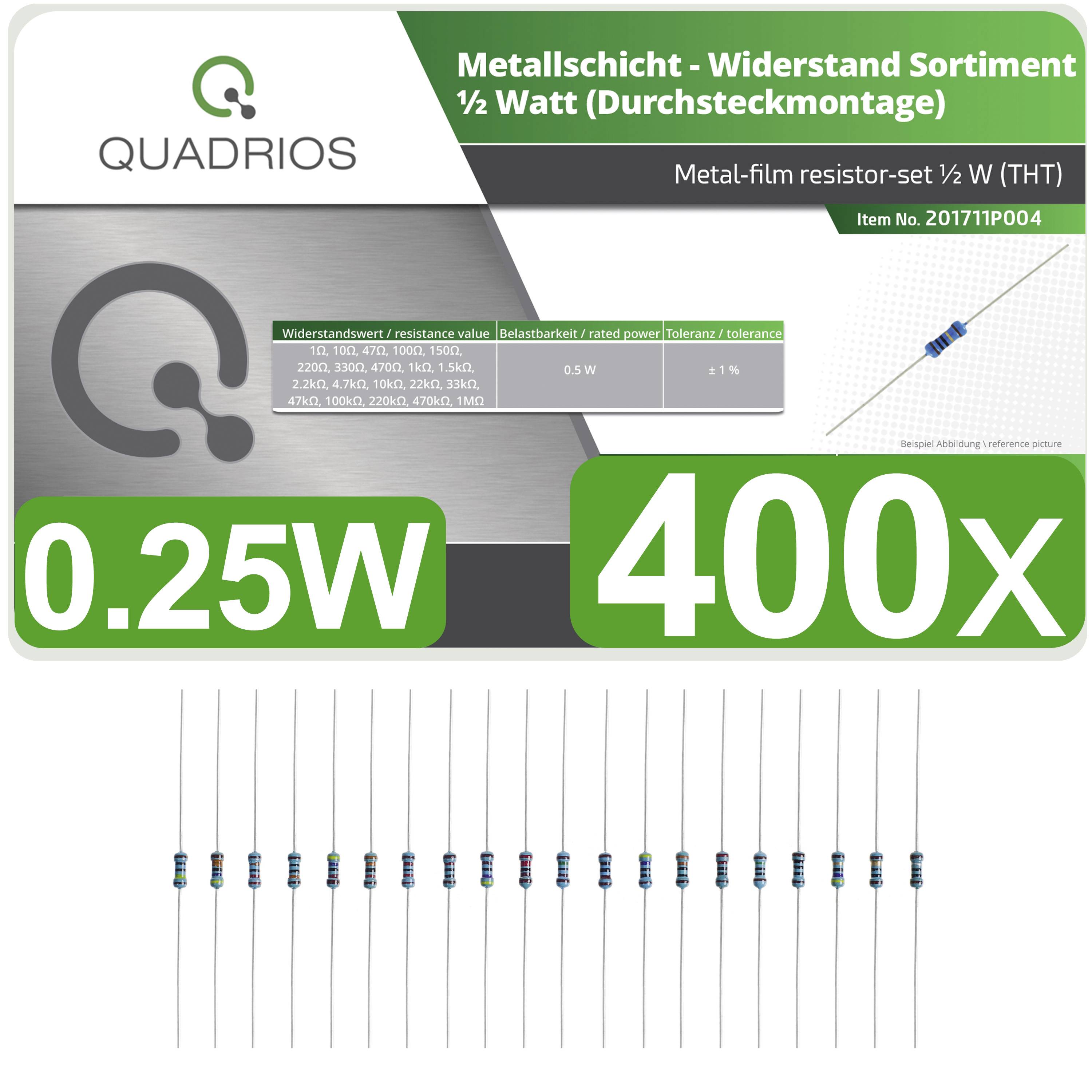 Quadrios Product Packaging: Metal Layer Resistance Assortment ½ Watt (Through-Hole Mounting), 400 Pieces, 0.25W. Item Number 201711P004.