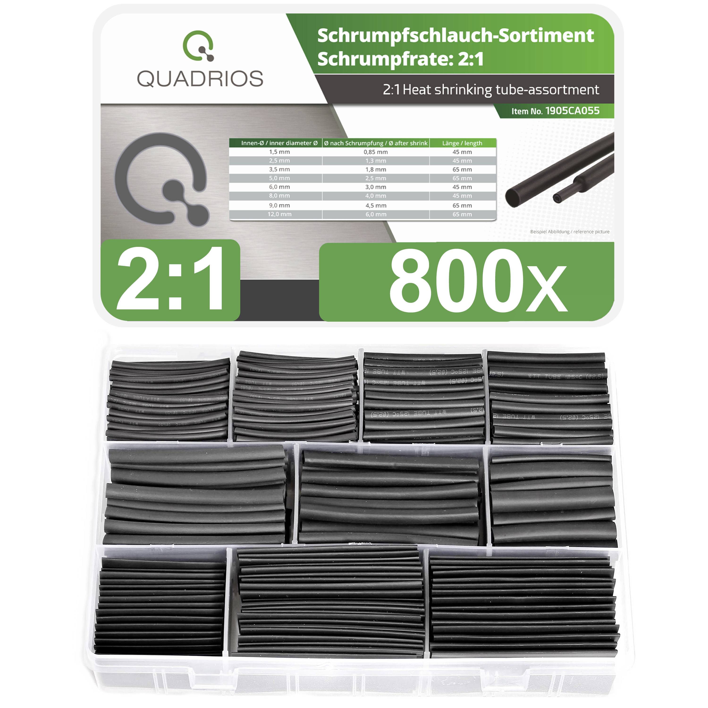 Set of heat shrink tubes 2:1, 800 pieces in various sizes. Includes table with specifications and illustration of a tube.