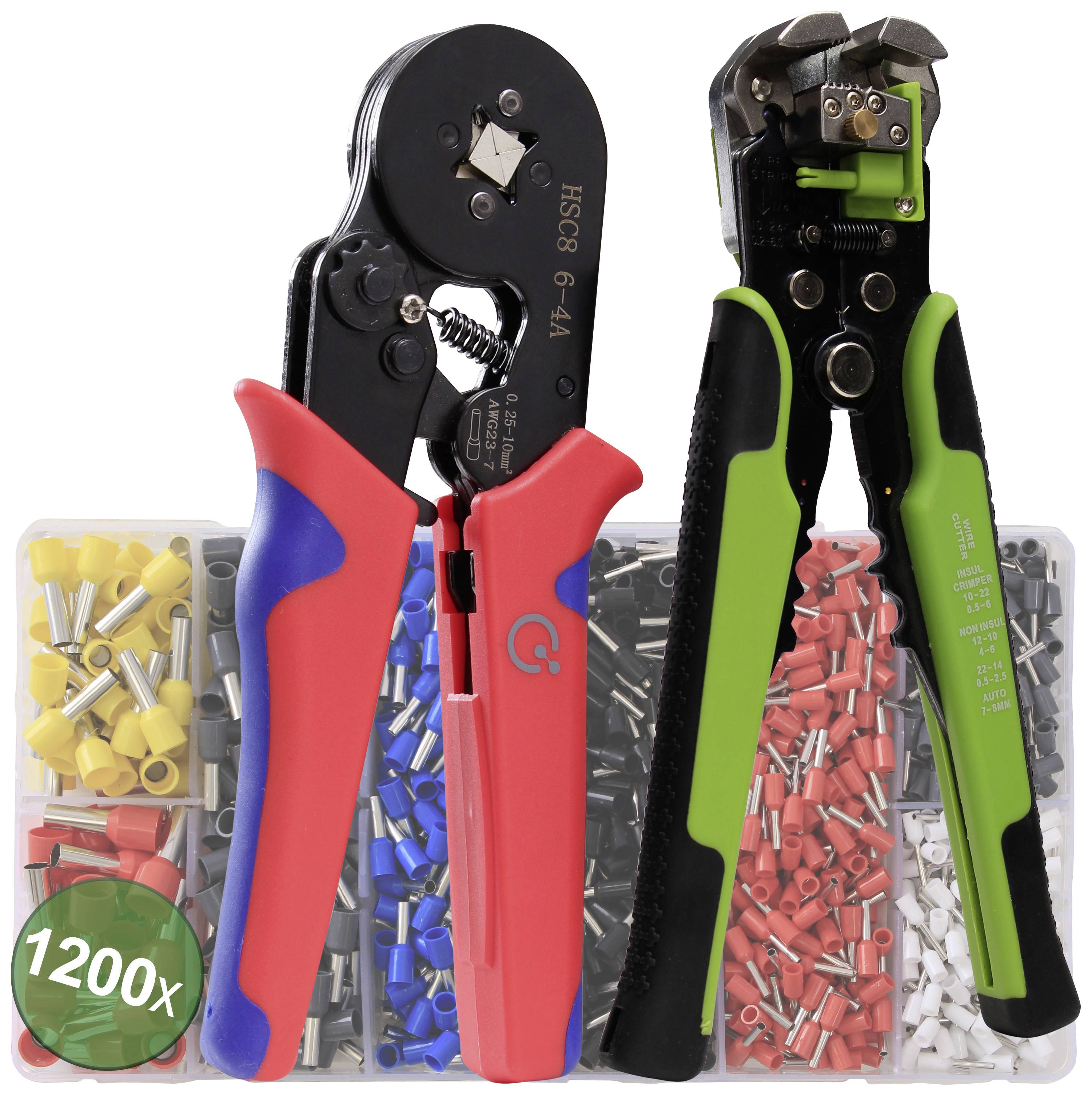 Cable crimping tools in red and green in front of a set of coloured wire end ferrules.