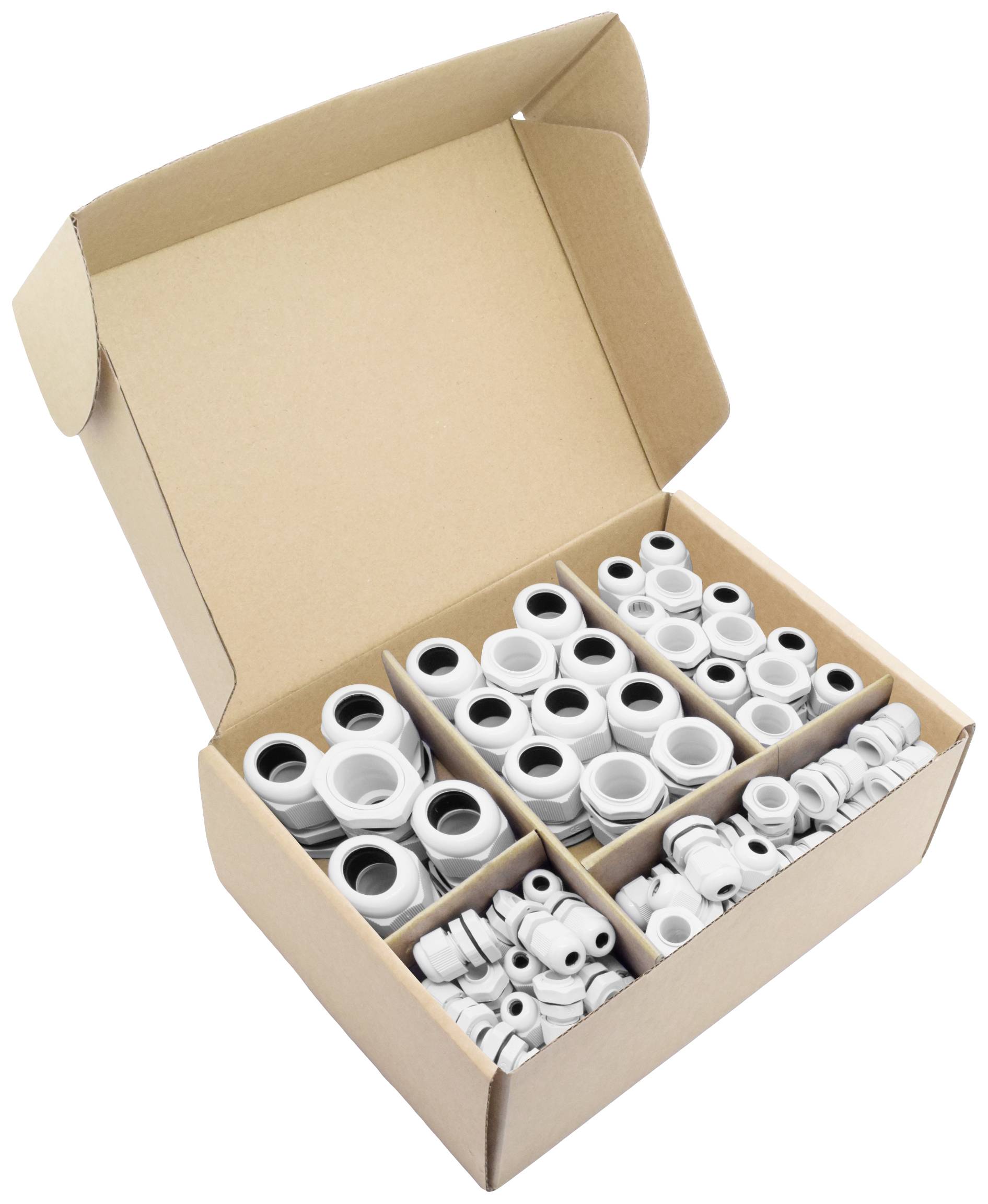 An open box with multiple compartments containing various sizes of white plastic connectors.