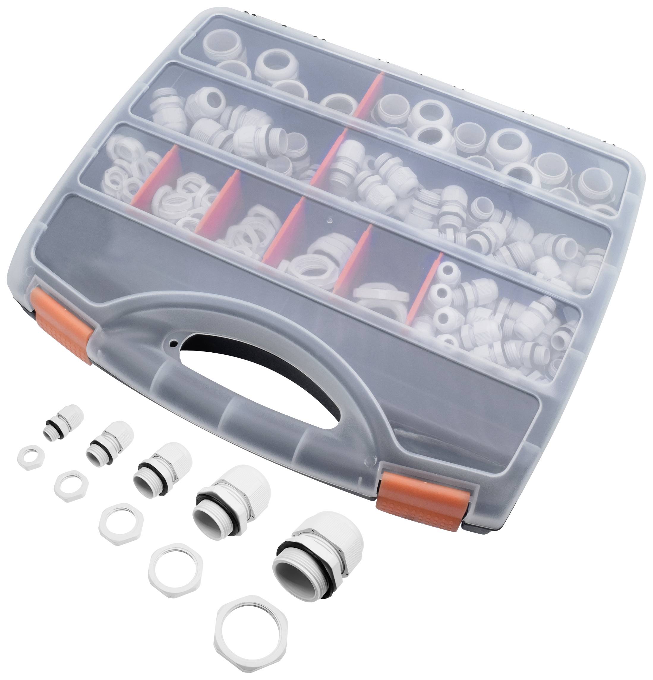 A grey plastic case with a transparent lid displays cable glands sorted in compartments. Various cable glands in different sizes are arranged in front of the case.