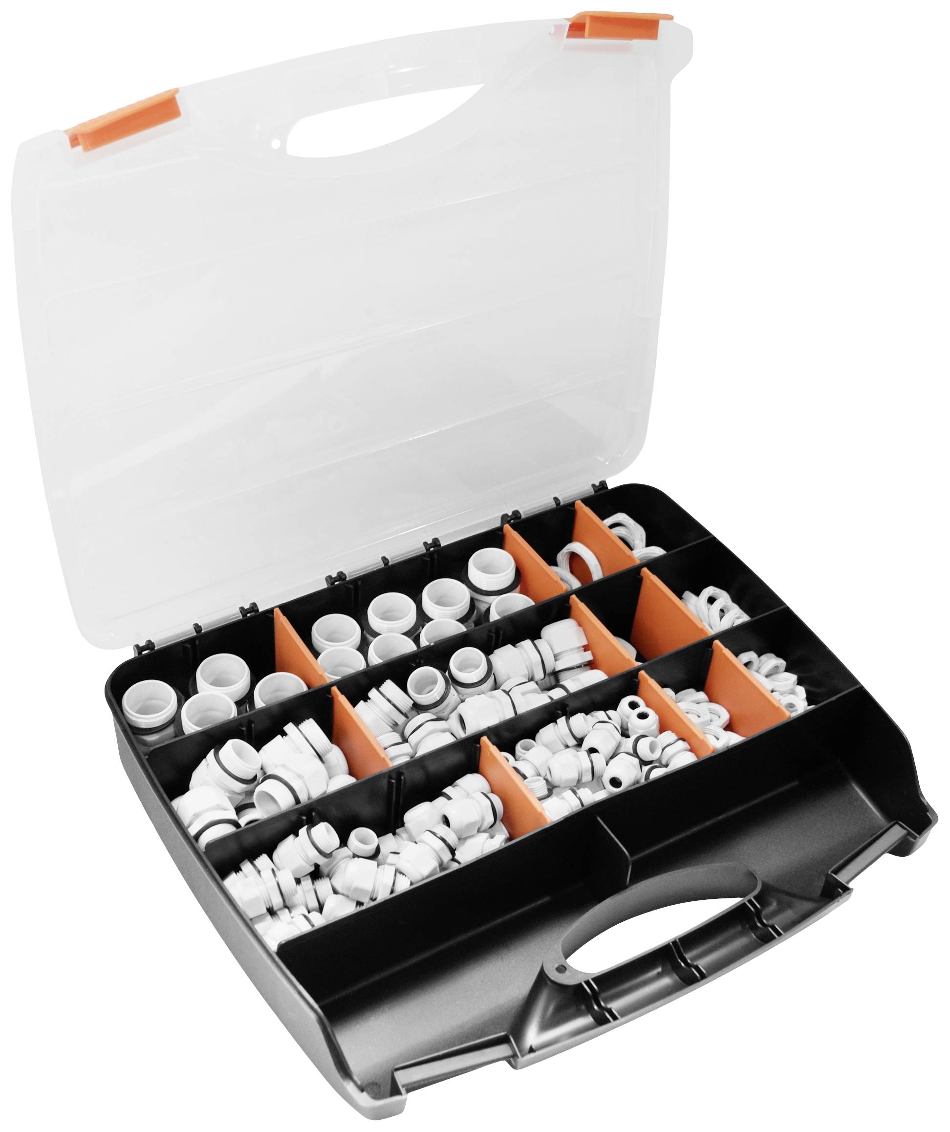 An open plastic case with multiple compartments, filled with various white PVC pipes and connector pieces.