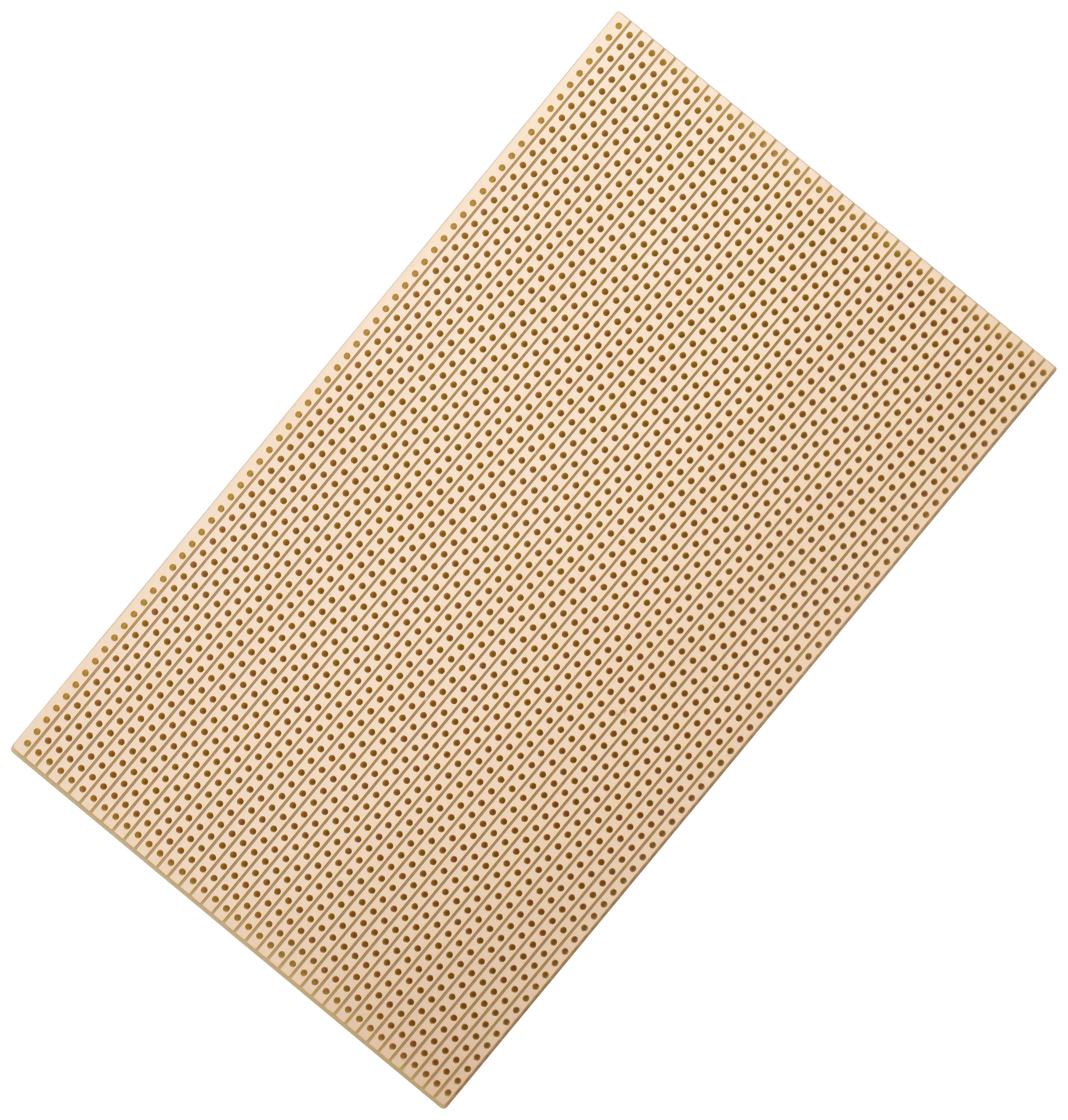 A rectangular, perforated breadboard, commonly used for electronic prototypes, with a regular grid of holes.
