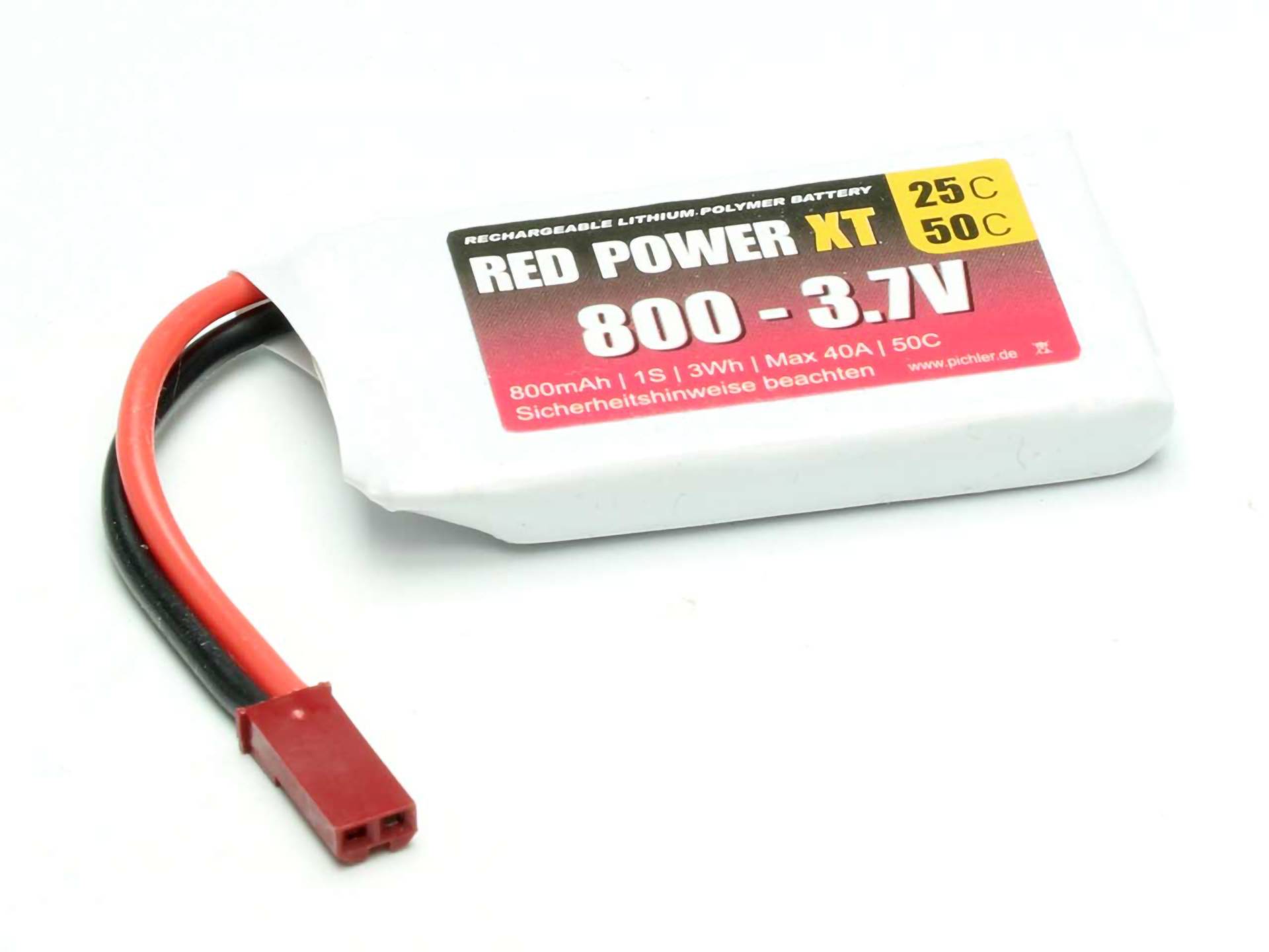 Lithium-Polymer battery with the label 'RED POWER XT 800 - 3.7V', 800mAh, suitable for applications up to 50°C, with a red connector.