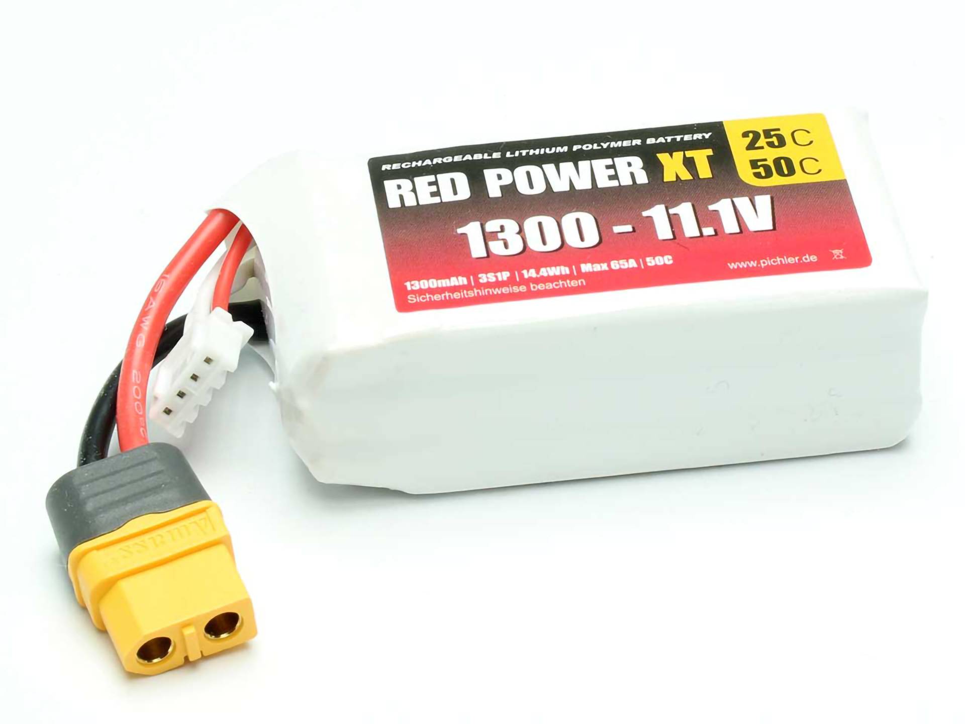 A white battery pack with the inscription 'Red Power XT 1300 - 11.1V', 25C, 50C. It has red, black and white wires with a yellow connector.