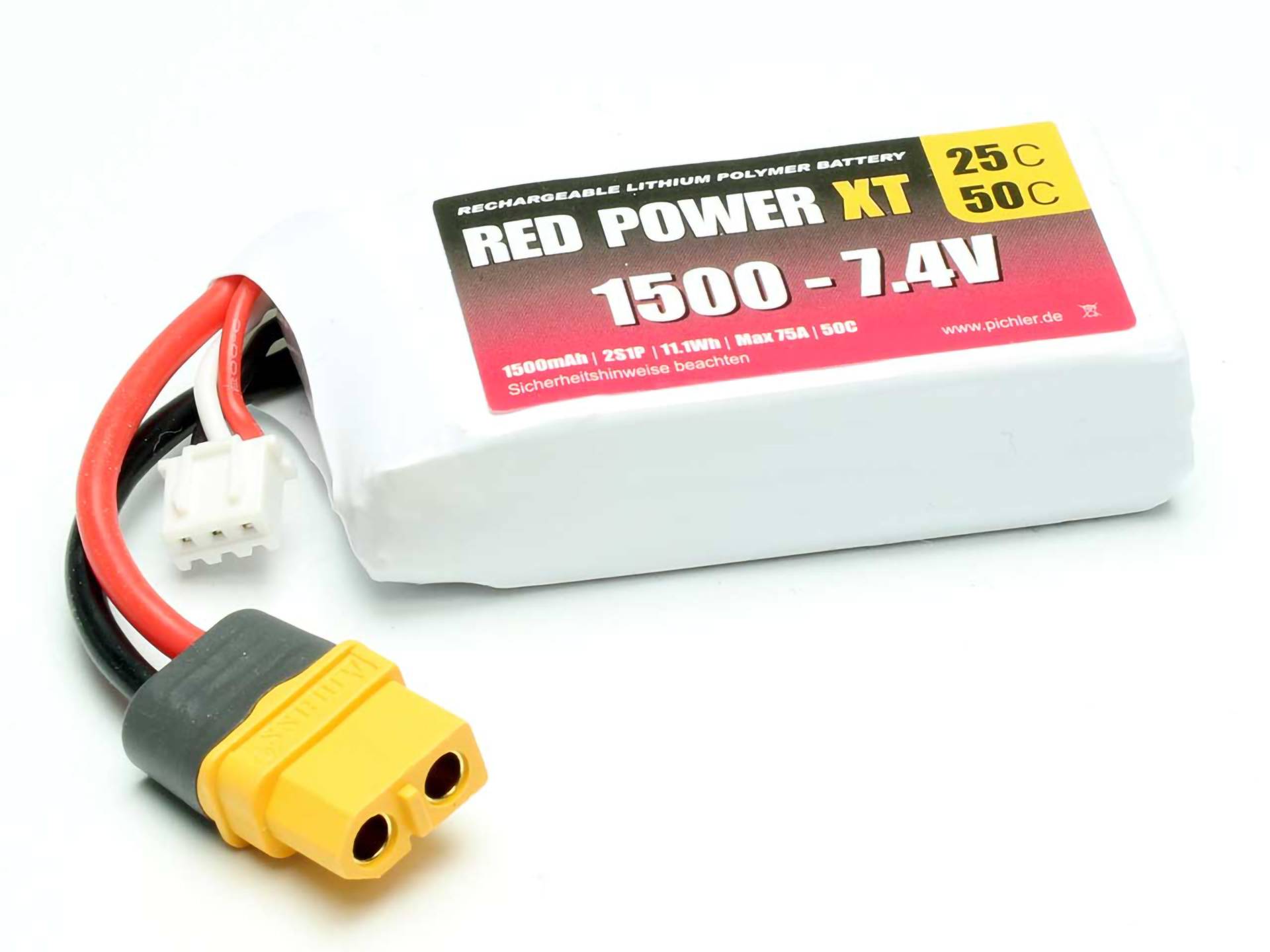 Rechargeable Lithium Polymer battery, Red Power XT brand, 1500 mAh, 7.4 V, with 25C and 50C rating and yellow connector.