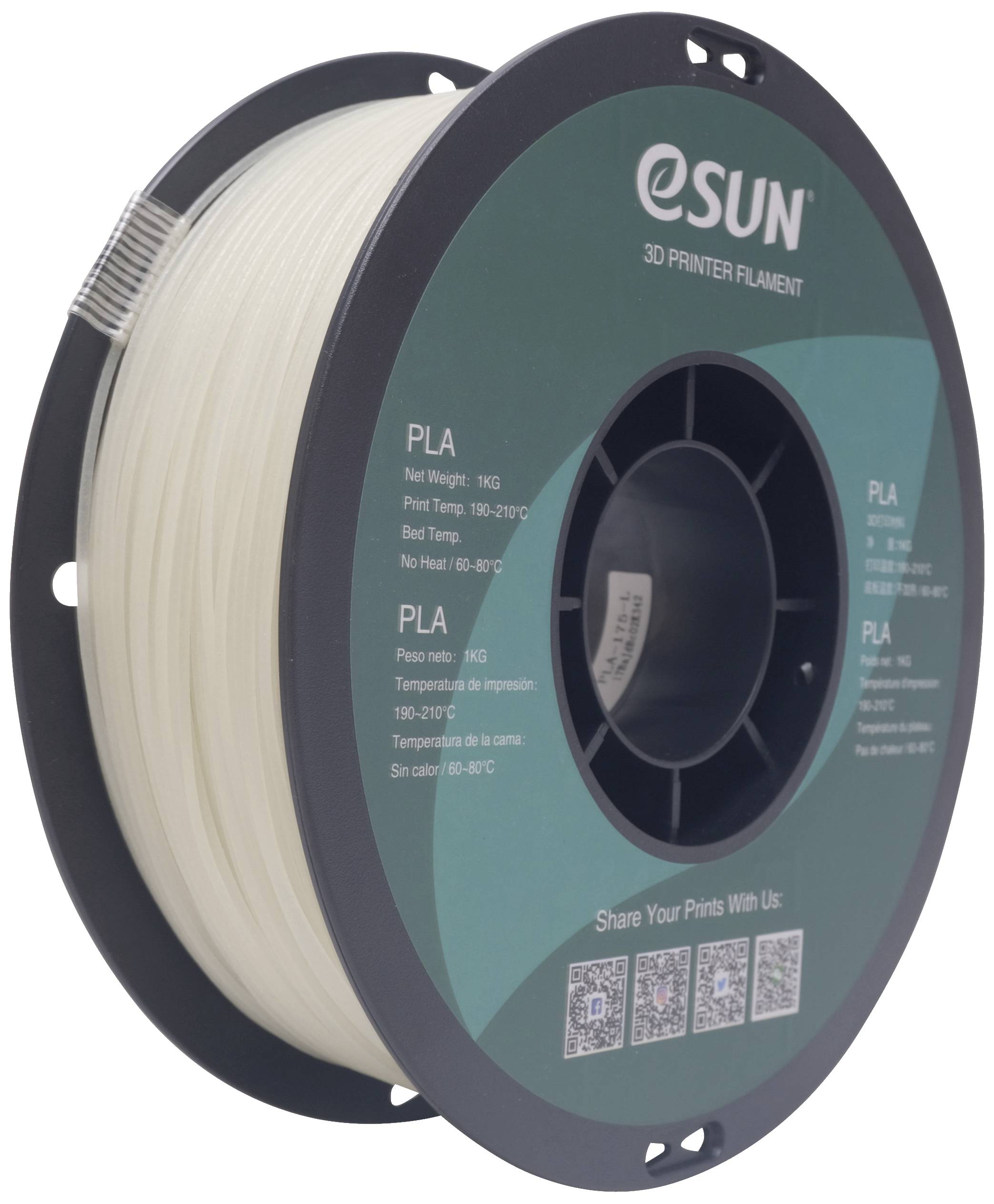 Spool of white 3D printer filament by eSUN, PLA, net weight 1 kg, suitable for printing temperatures of 190-230 °C.