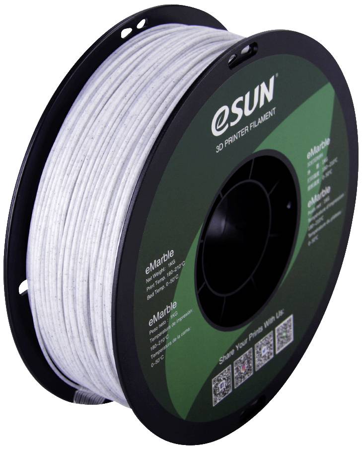 A black spool of white 3D printer filament from eSUN, labelled 'eMarble', suitable for 3D printing projects.