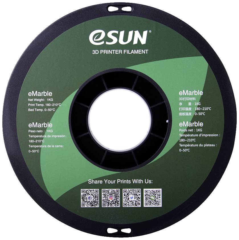 Roll of eSUN 3D printer filament, type 'eMarble'. Suitable for printing temperatures of 180-210°C and bed temperatures of 0-50°C.