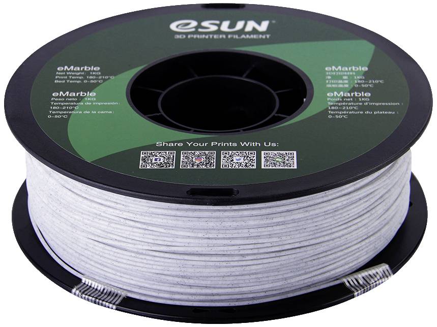 A white filament spool for a 3D printer by the brand eSUN is pictured. It displays QR codes and the brand name on the label.