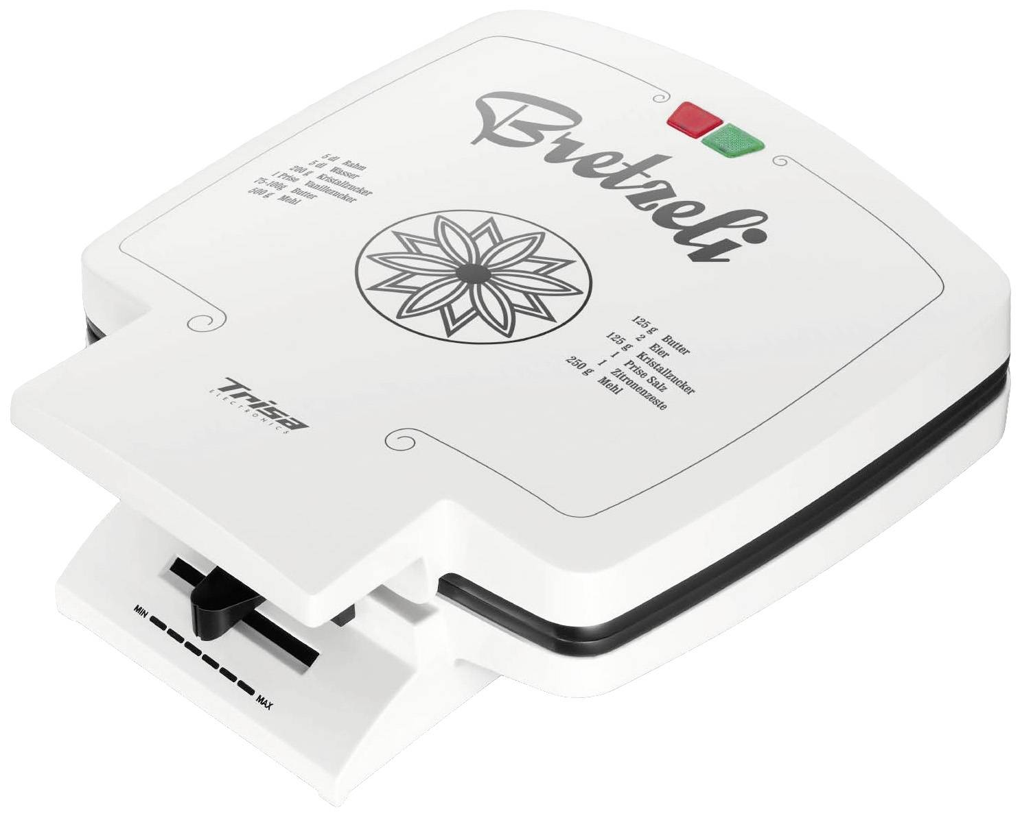 A white waffle maker with 'Bretzeli' printed on the lid, featuring indicator lights and a decorative pattern.