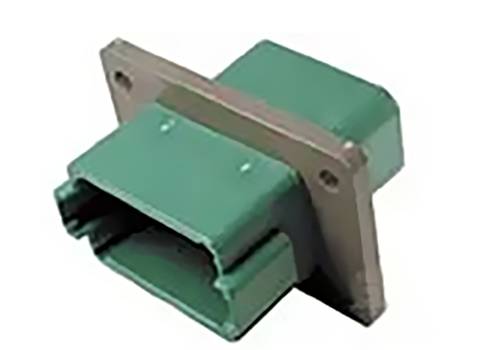 Green plastic and metal connector unit, shown in perspective from the upper left.