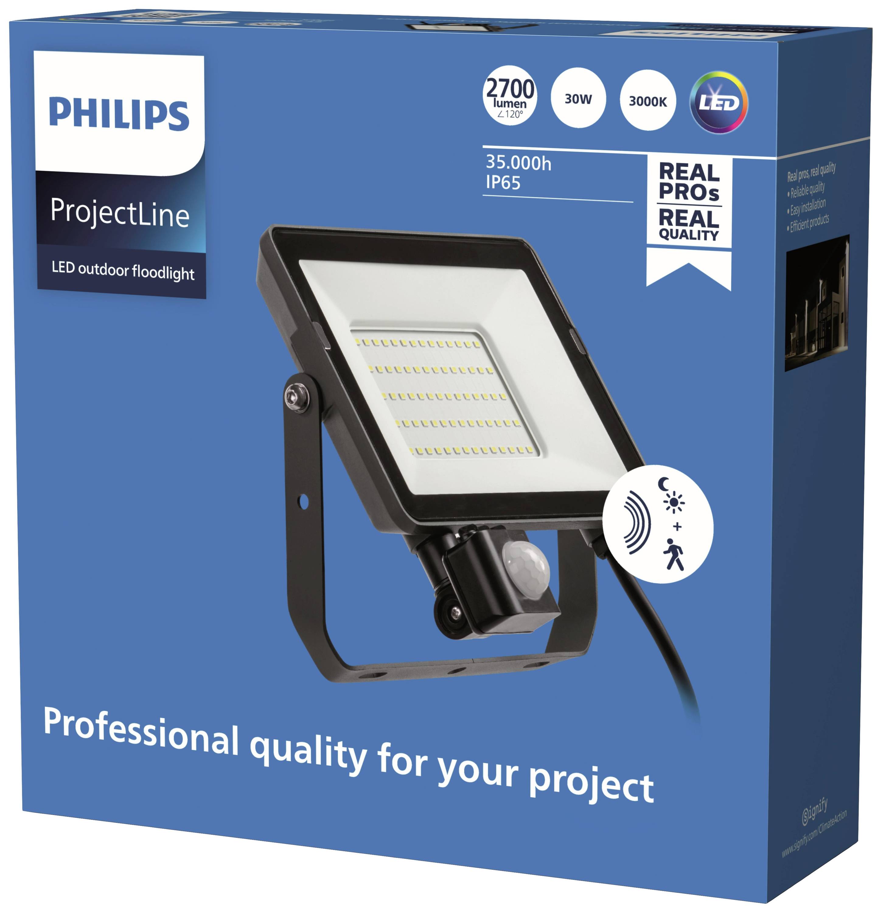 Packaging for a Philips LED Outdoor Floodlight with 2700 Lumens, 30W, 3000K. Text: 'Professional quality for your project'.