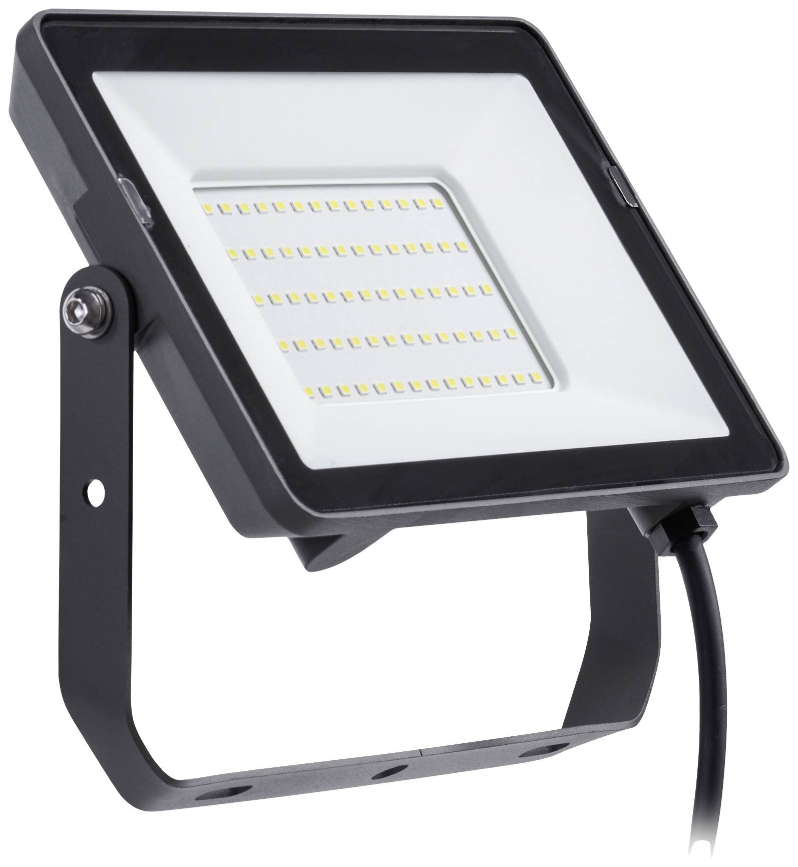 A rectangular LED floodlight with a black housing and adjustable mounting bracket, suitable for outdoor lighting.