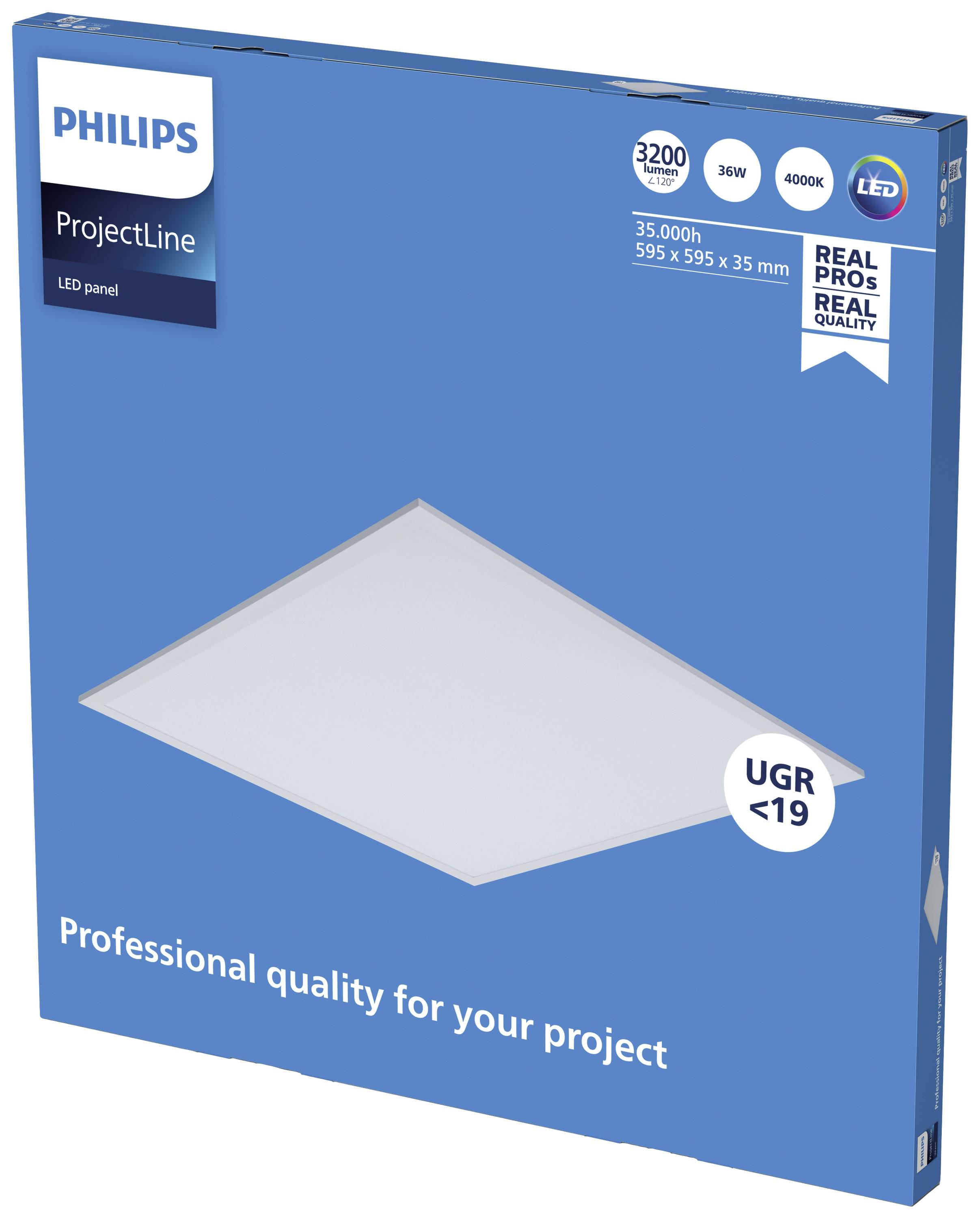 Packaging of a Philips LED panel, with specifications such as '35,000h', '595 x 595 x 35 mm', suitable for projects.