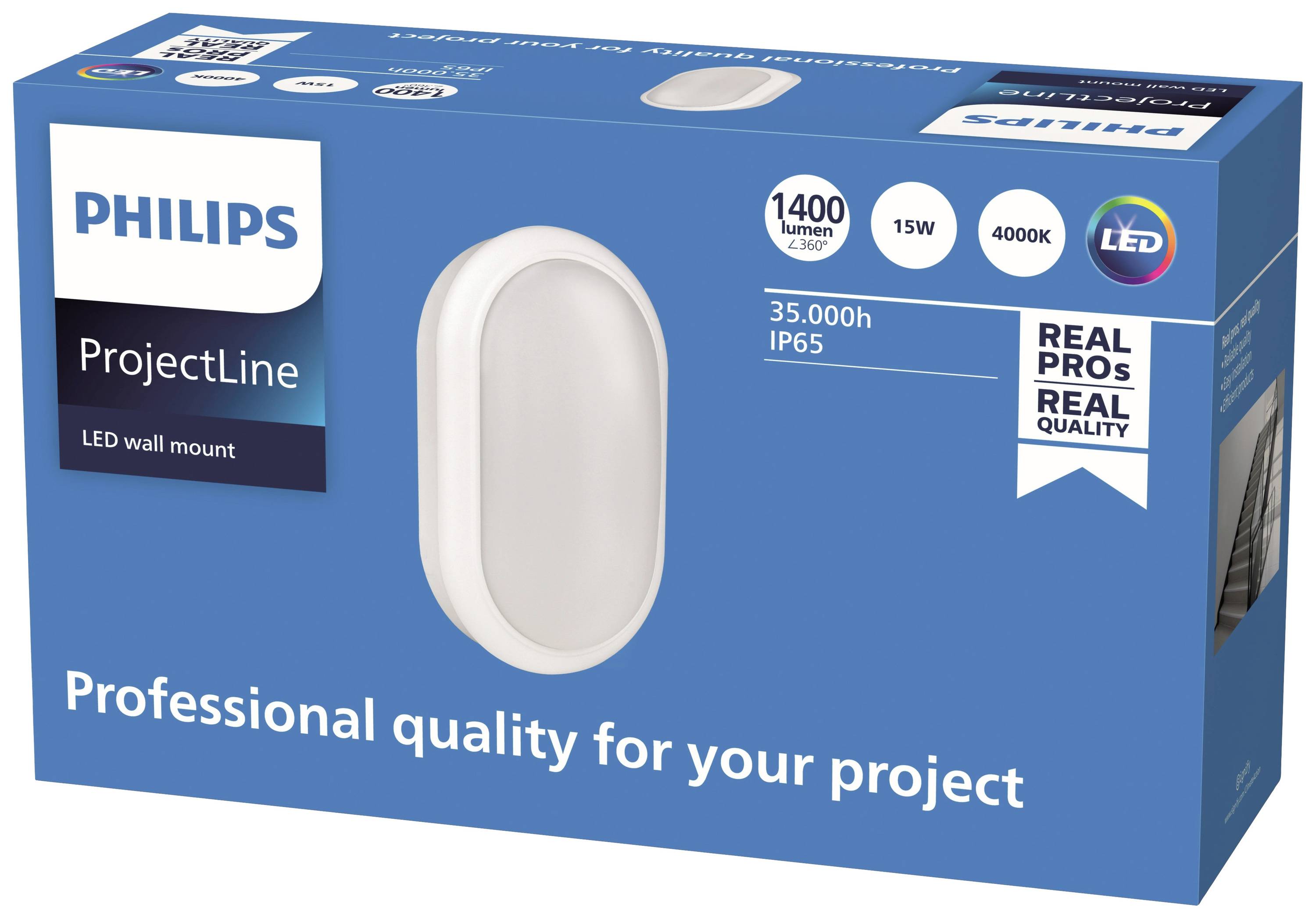 Verpackung einer Philips LED-Wandleuchte 'ProjectLine'. Details: 1400 Lumen, 15W, 4000K, IP65, 35.000 Stunden Lebensdauer.