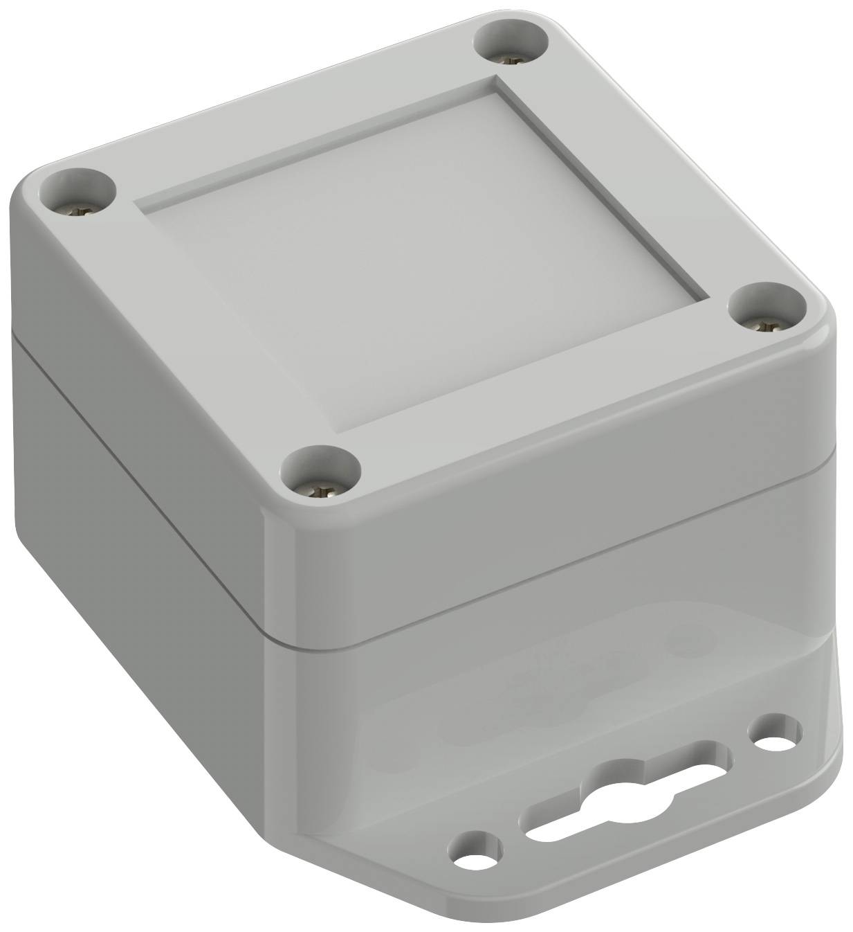 A grey, rectangular electronic device with screw details in the corners and a mounting bracket on the underside.
