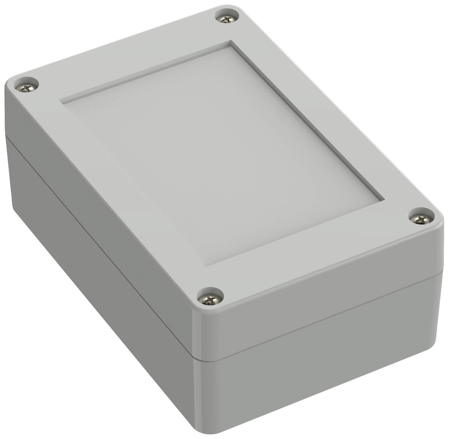 Rectangular, grey plastic enclosure with rounded corners and screws at the corners. Suitable for electronic housings.