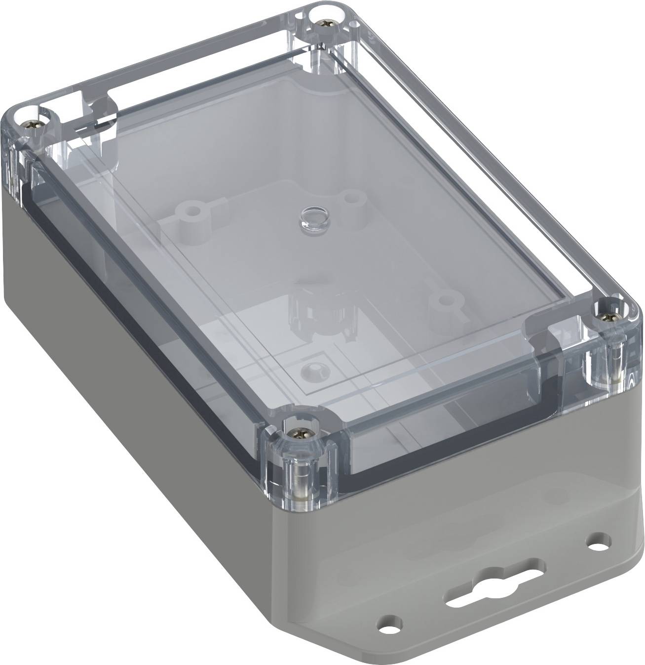 A grey, rectangular plastic enclosure with a transparent lid and four screws at the corners. Ideal for protecting electronic components.