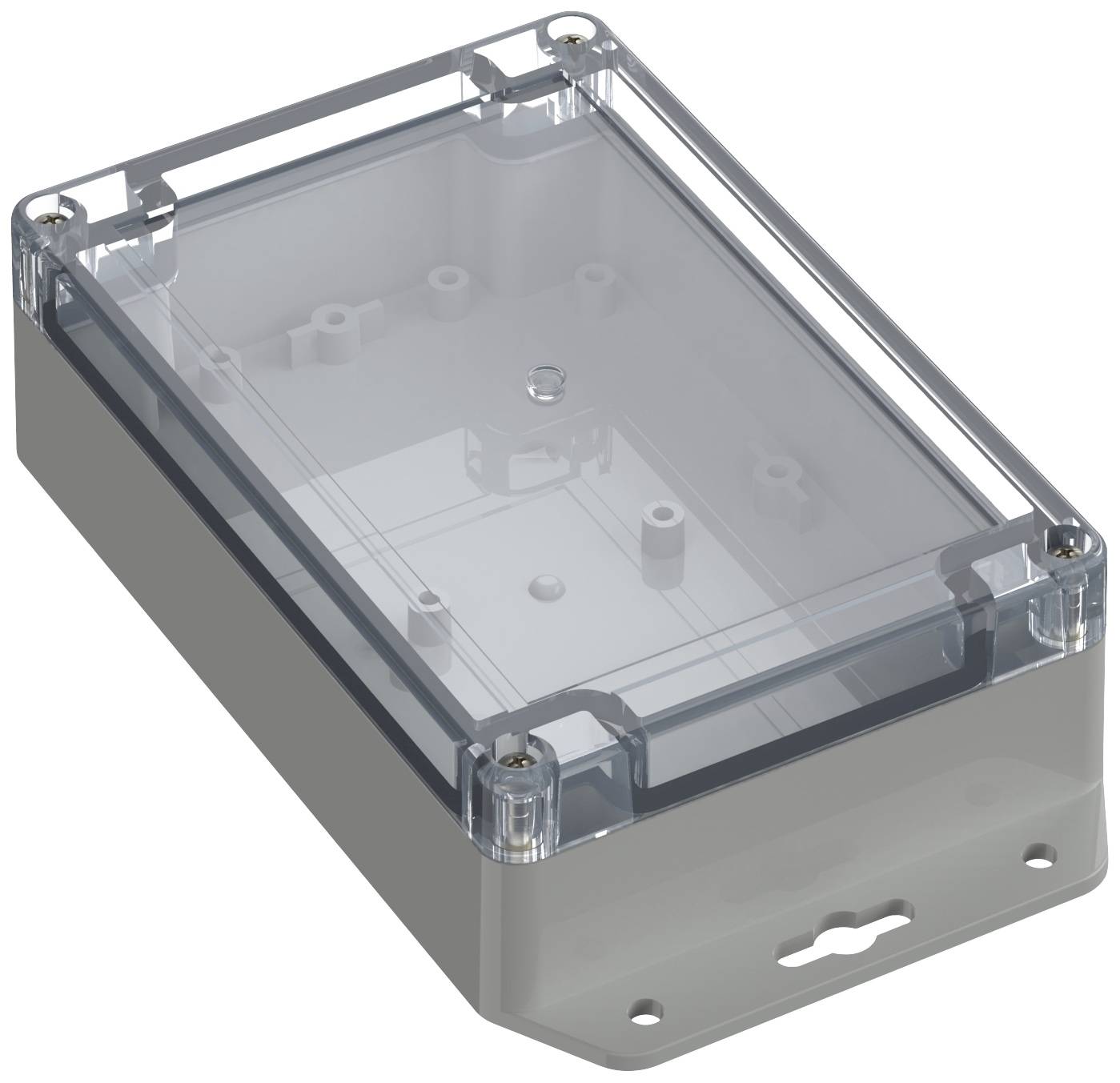 Transparent plastic enclosure with a grey base and four screw fasteners, rectangular, for electronic components.