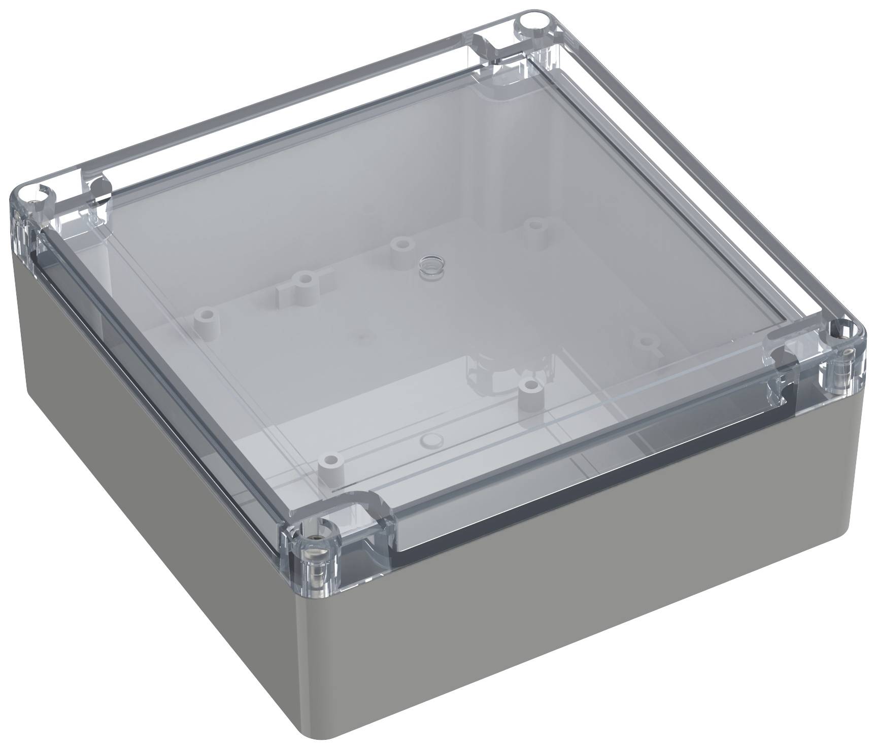 Grey plastic electronic enclosure with a transparent lid, rectangular in shape, for protecting electronic components.