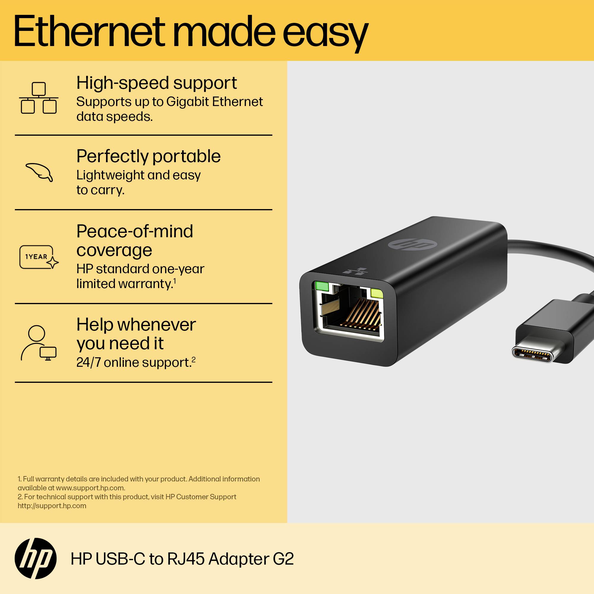 USB-C Ethernet Adapter for Gigabit Connections, Portable, One Year Warranty, Supports 24/7 Online Support.