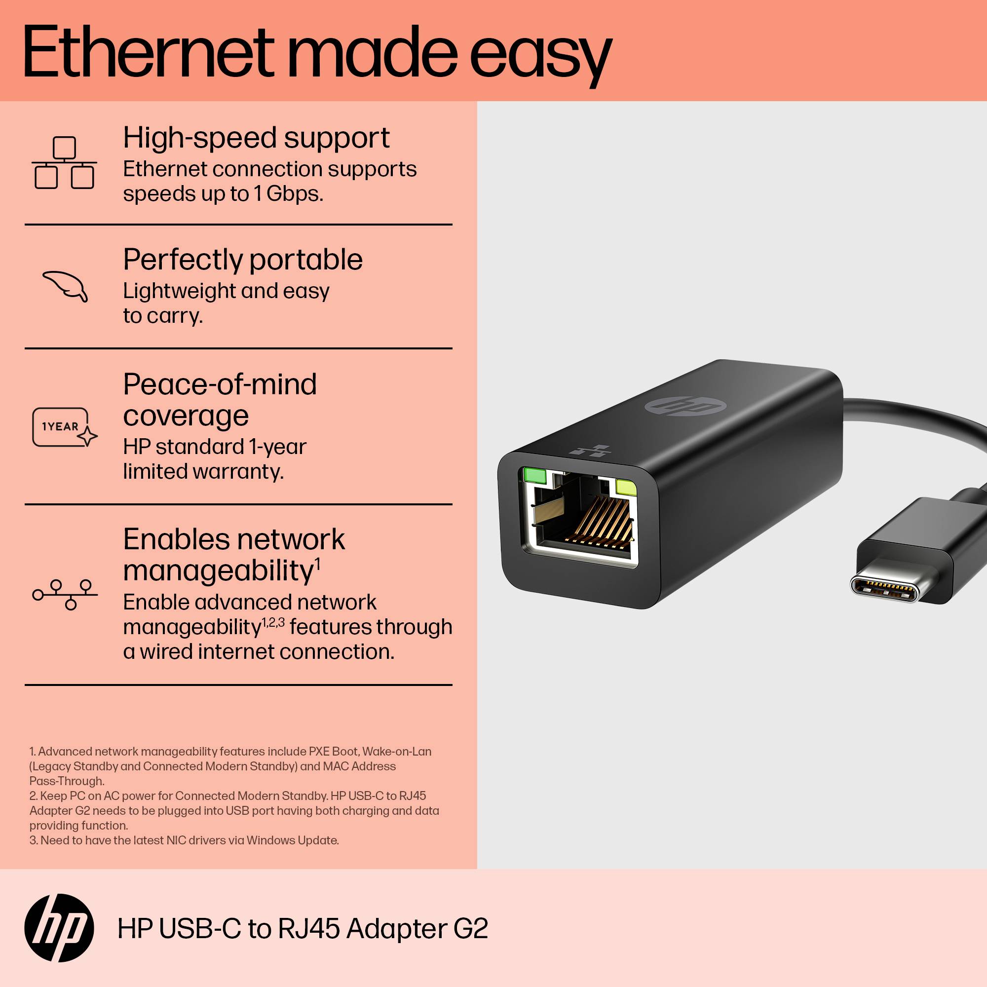A compact HP USB-C to RJ45 adapter offers 1 Gbps. Highlighted features: high speed, portability, one-year warranty, modern design, enhanced network management capability.