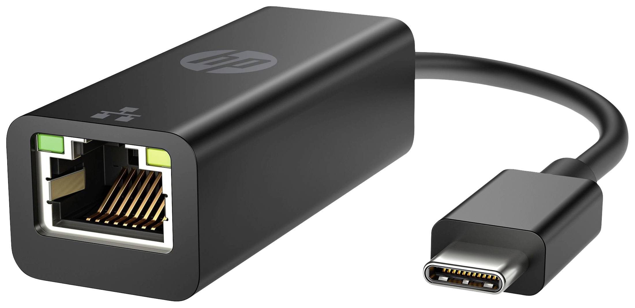USB-C to Ethernet Adapter in Black with HP Logo, showing the ports on both ends.